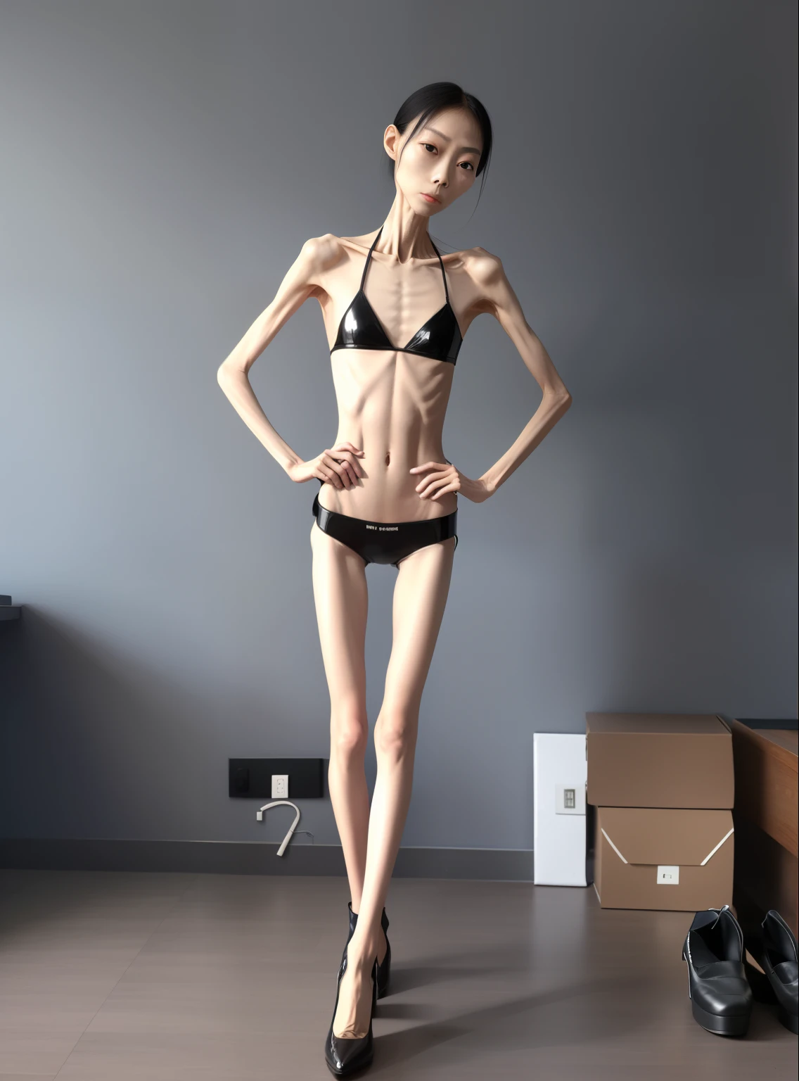 very thin woman,The body is very thin,Protruding sternum,chest atrophy,The waist is very thin,The ribs are noticeable,Protruding ribs,The pelvic protrusion is very obvious,Clear outline of pelvis,thin shoulde,The waist is very thin,Sunken abdomen,Delicate arms,arm muscle atrophy,slender thigh,Knees are obviously protruding,Ankle bulges,The ankle bones are obvious,The leg bones are obvious,leg muscle atrophy,anorexia,Asia face,Wear a tight leather jacket,Wear tight leather pants,Wear high-heeled leather shoes,wear in stockings,Muscle atrophy throughout the body,Sad and tearful expression,Excessive weight loss,The face is sunken and thin,Severe malnutrition,Body as thin as a skeleton