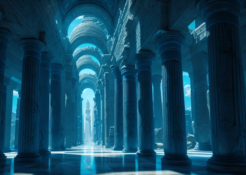 Incredible blue luxury futuristic interior in ancient egyptian style,including palm trees、hyeroglyphics、stone wall、sand、marbled、Precious minerals、metals、Pedras preciosas、crystal、clouds and water、alligators、Ultra Luxo、tall pillars,Marble - with beautiful lights,unreal-engine,hqr,16k