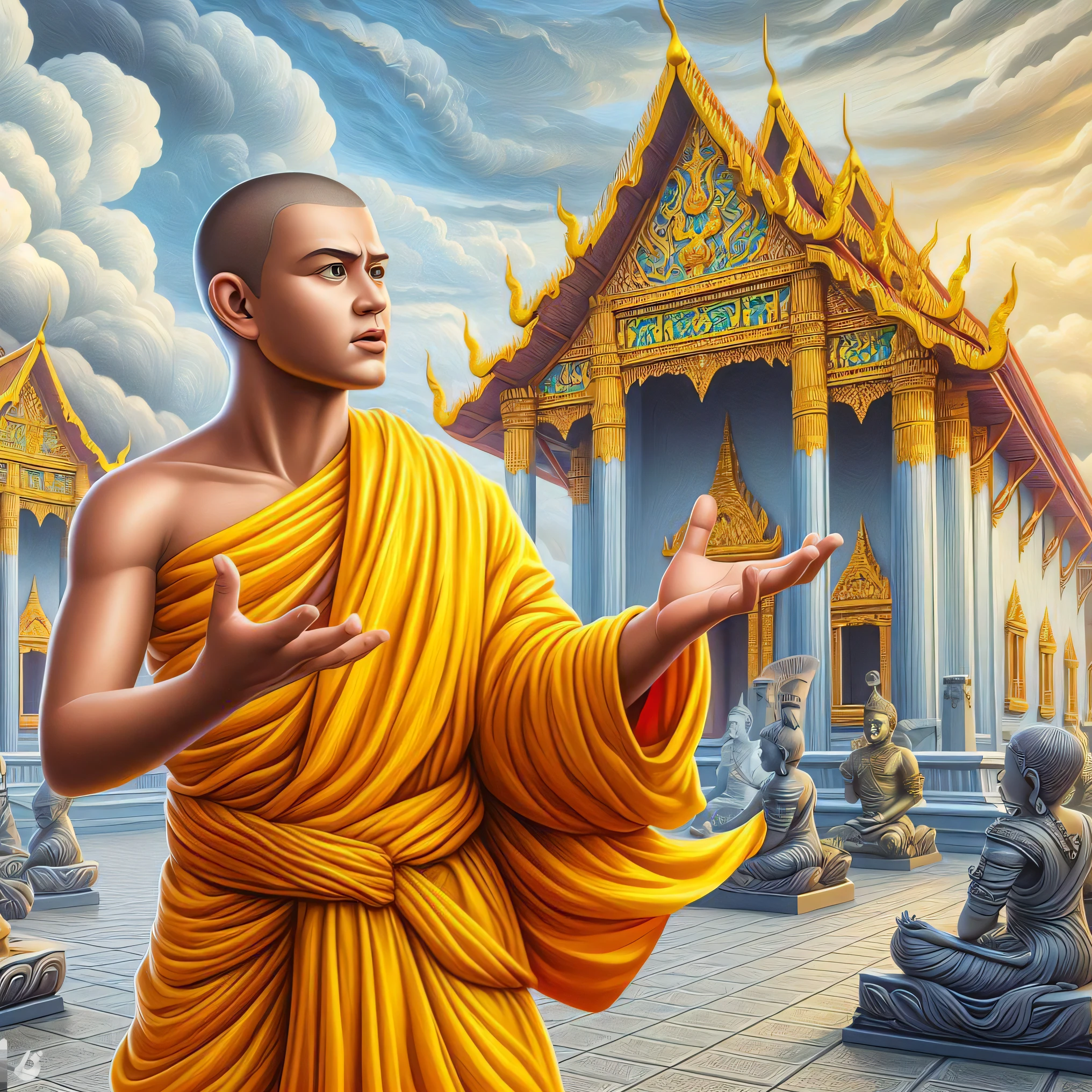 a painting of a monk in a yellow robe standing in front of a temple, fisting monk, buddhism, buddhist monk, 2 1 st century monk, thailand art, on path to enlightenment, monk meditate, concept art of a monk, samsara, temple background, monk clothes, on the path to enlightenment, monk's robe, buddhist art, monk, the buddha