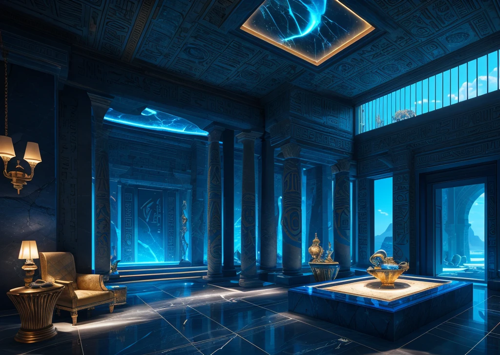 Incredible blue luxury futuristic interior in ancient egyptian style,including palm trees、hyeroglyphics、stone wall、sable、marbled、Precious minerals、metals、precious stones、crystal、clouds and water、alligators、Ultra Luxo、Marble - with beautiful lights,unreal-engine,hqr,16k