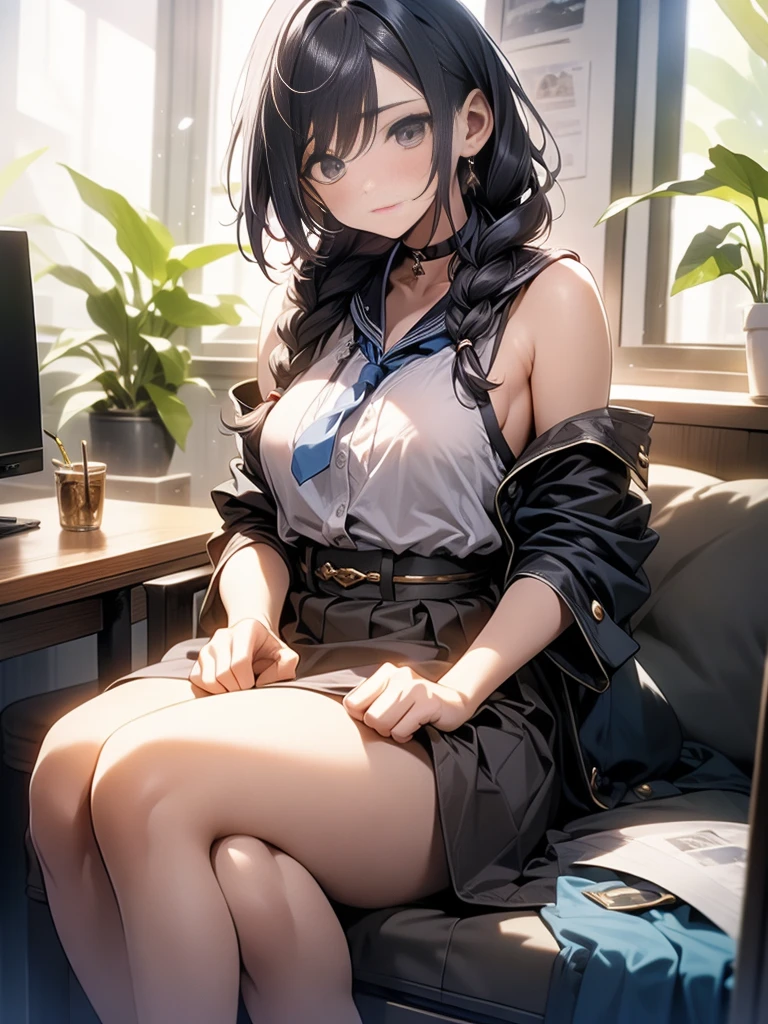em 8K、qualidade superior、obra prima、ultra-detalhada、ultra-high resolution、((1 pessoas))、 com、roupas escolares、braided hair、Maquiagens、saias xadrez、vento forte、((((Vire a saia))))