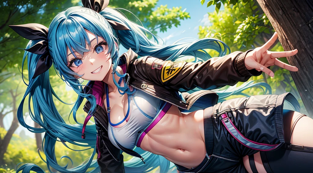 1girl, solo, full body, summer, village, trees, long hair, blue hair, curly hair, twintail, large breasts, sport bra, belly, dark blue eyes, ((opened brown zipper jacket)), pants, grin, looking at the viewer, running, hair ribbon
