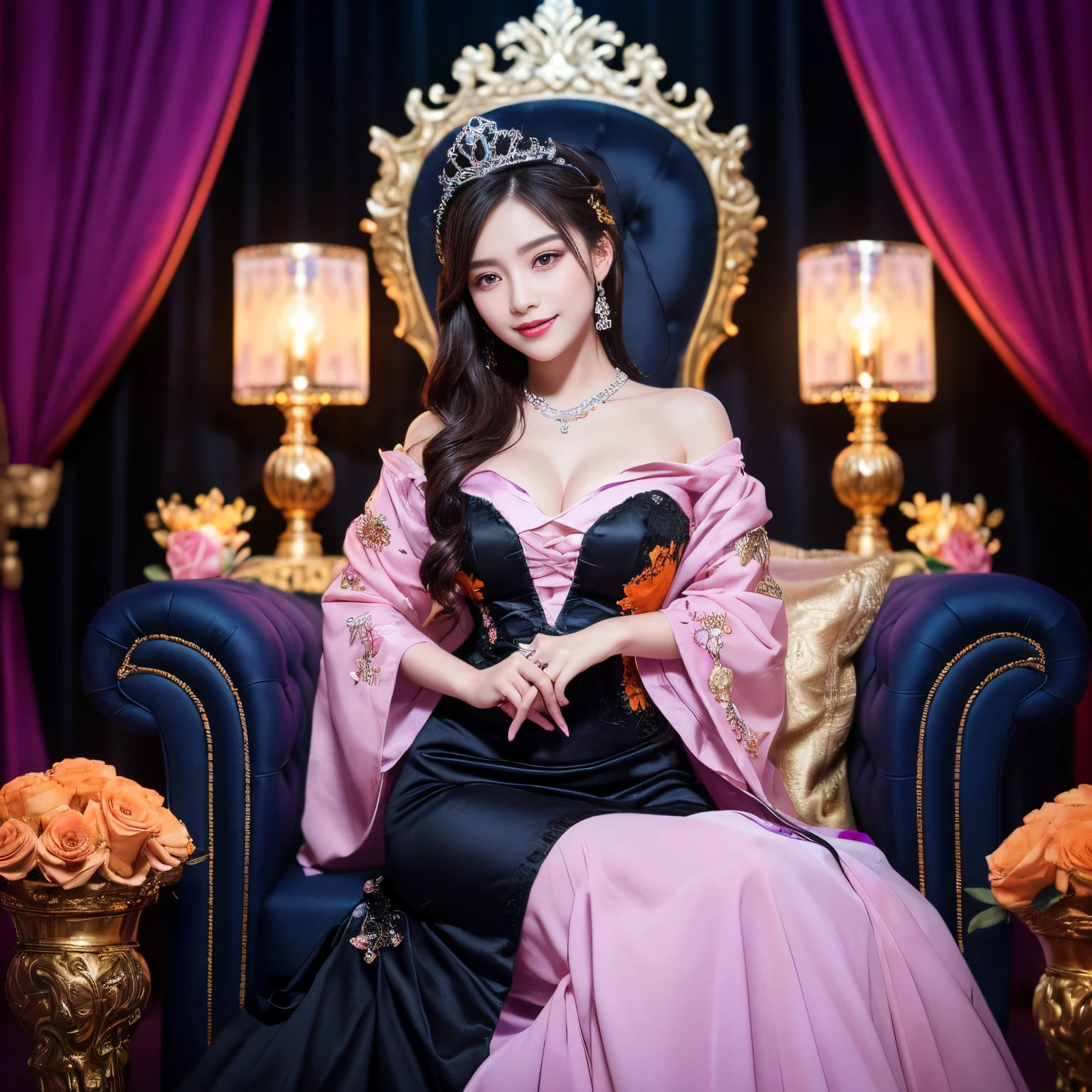 (top-quality、masutepiece、8K、Top image quality、Highly complex and detailed depictions)、one prostitute goddess、The best luxury where everything is unimaginable、most gorgeous goddess costume、(Surrounded by pink and purple curtains:1.3)、Sit on a super-huge throne、(The background is the most luxurious and intricate pink and purple princess brothel:1.1)、Everything in the background is gorgeous in pink and purple、Shine intricately、The biggest smile staring at the camera、Upper body photo、The most gorgeous thrones、tons of pink and purple decorations、artistic décor、(large amount of pink rose decoration:1.2)、(romantic orange pink lighting:1.3)、Large amount of jewelry decoration、The most luxurious and huge tiara、detailed ornament、giant pink and purple costume、huge pink and purple sleeves、Very fine decoration、Very complex decoration、royal、Frontal close-up、a throne、Front composition、(accurate anatomy:1.2)、(Sit facing the front:1.1)、symmetrical composition、huge and magnificent throne、(romantic and very dark midnight:1.4)、