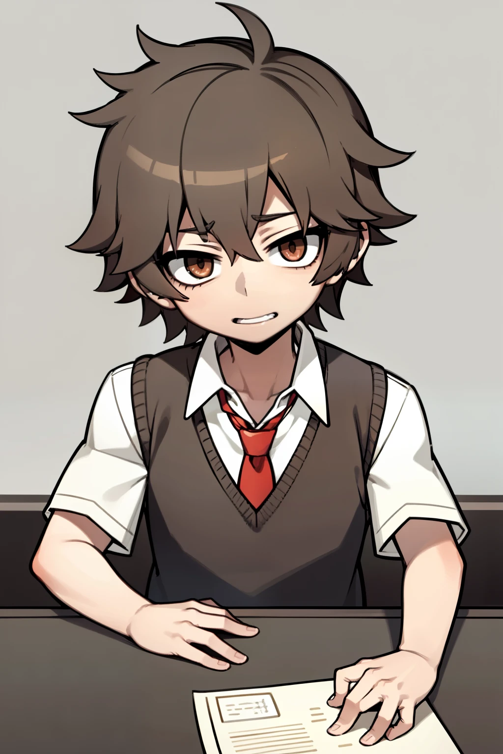 1Young boy, medium hair cut, brown hair, master piece, best quality, high quality, 1st year, alone, Male focus, Looking at Viewer, upper body, Hibiya_Amamiya, brown hair, brown eyes, School uniform