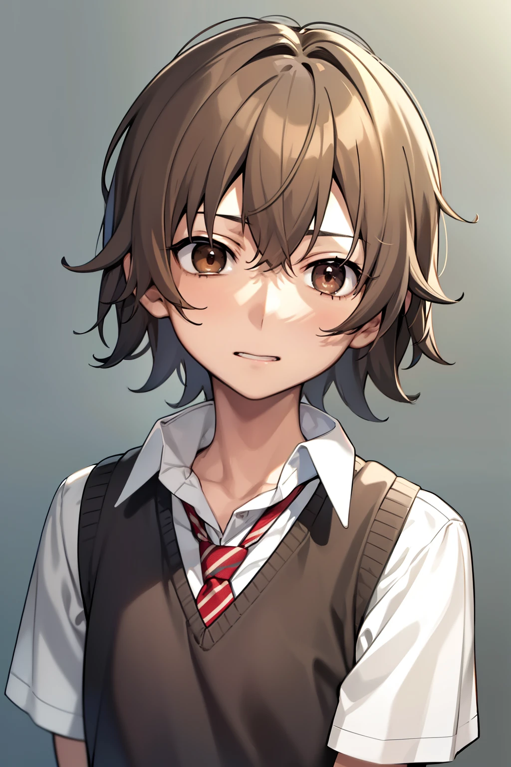 1Young boy, medium hair cut, brown hair, master piece, best quality, high quality, 1st year, alone, Male focus, Looking at Viewer, upper body, Hibiya_Amamiya, brown hair, brown eyes, School uniform