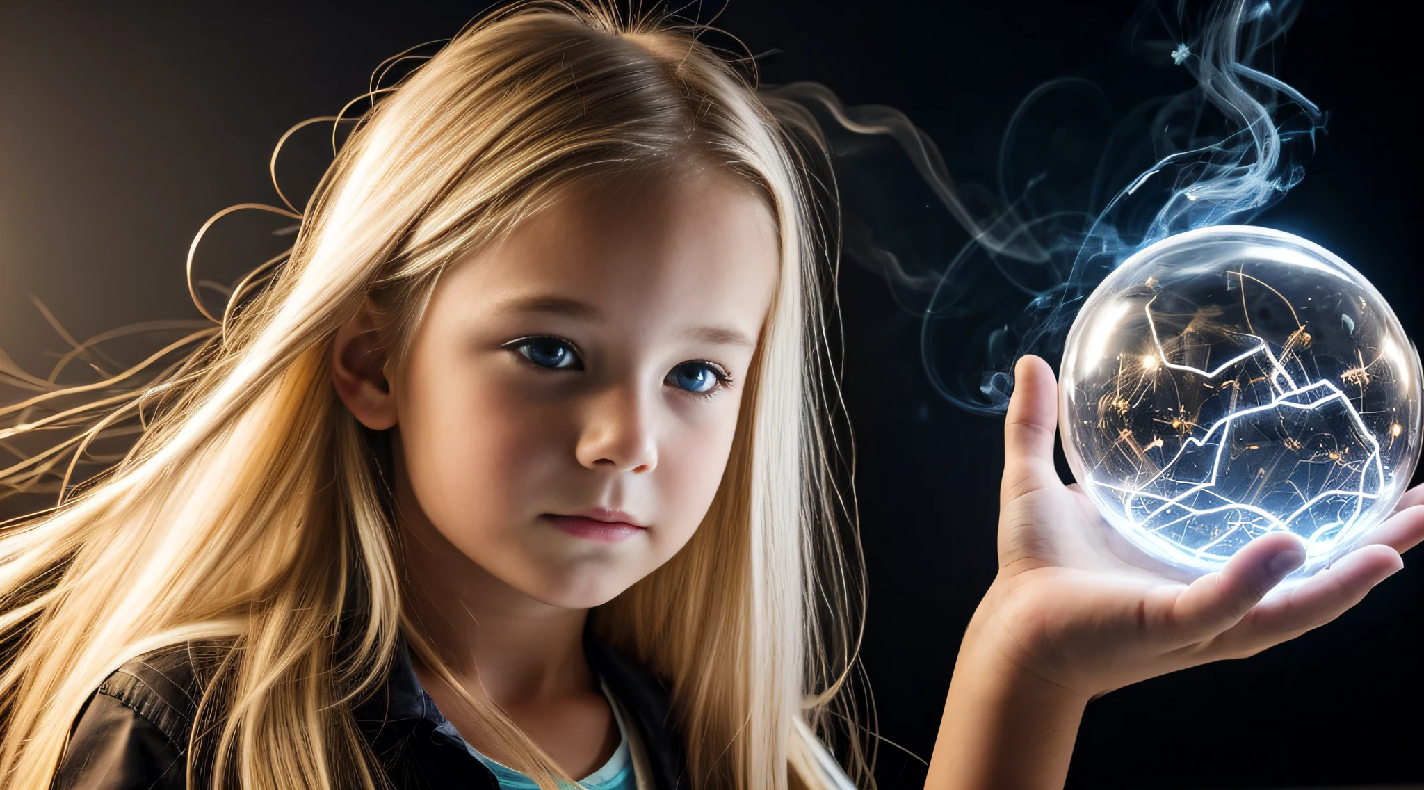 a close-up of a blonde  with long hair, BIG BALL OF electrified ICE IN HANDS. FUMO ESCURO