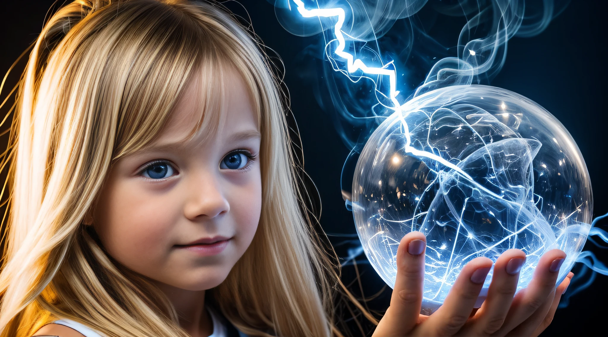 a close-up of a blonde with long hair, BIG BALL OF electrified ICE IN HANDS. FUMO ESCURO