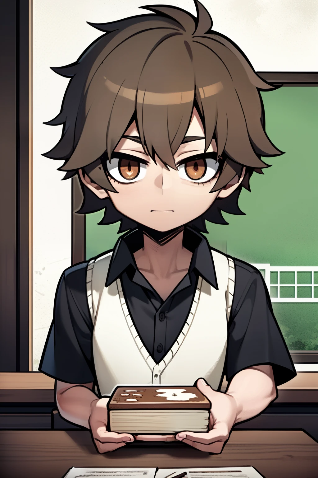 1Young boy, medium hair cut, brown hair, master piece, best quality, high quality, 1st year, alone, Male focus, Looking at Viewer, upper body, Hibiya_Amamiya, brown hair, brown eyes, School uniform