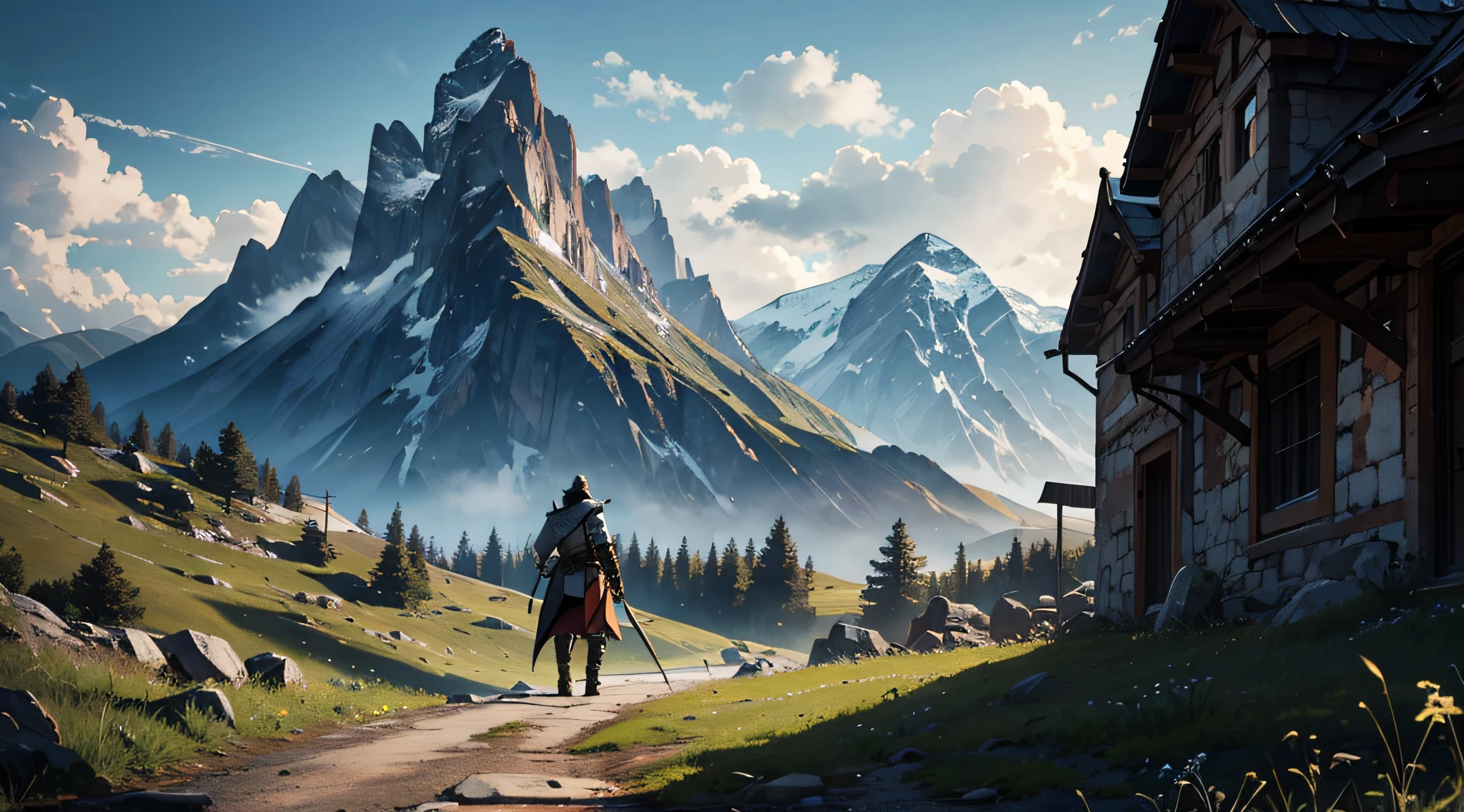 strong knight looking the skyland, black birds flying around, the army walking dawn the mountains to the river, cloudy day, medieval aesthetic,