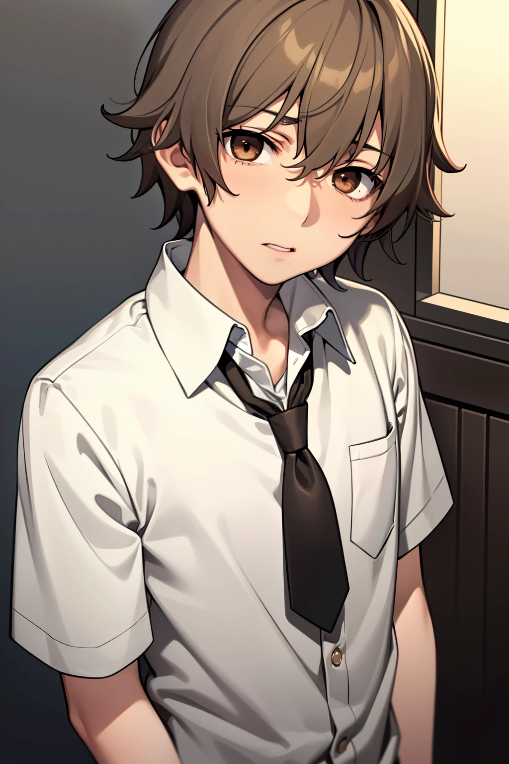 1Young boy, medium hair cut, brown hair, master piece, best quality, high quality, 1st year, alone, Male focus, Looking at Viewer, upper body, Hibiya_Amamiya, brown hair, brown eyes, School uniform