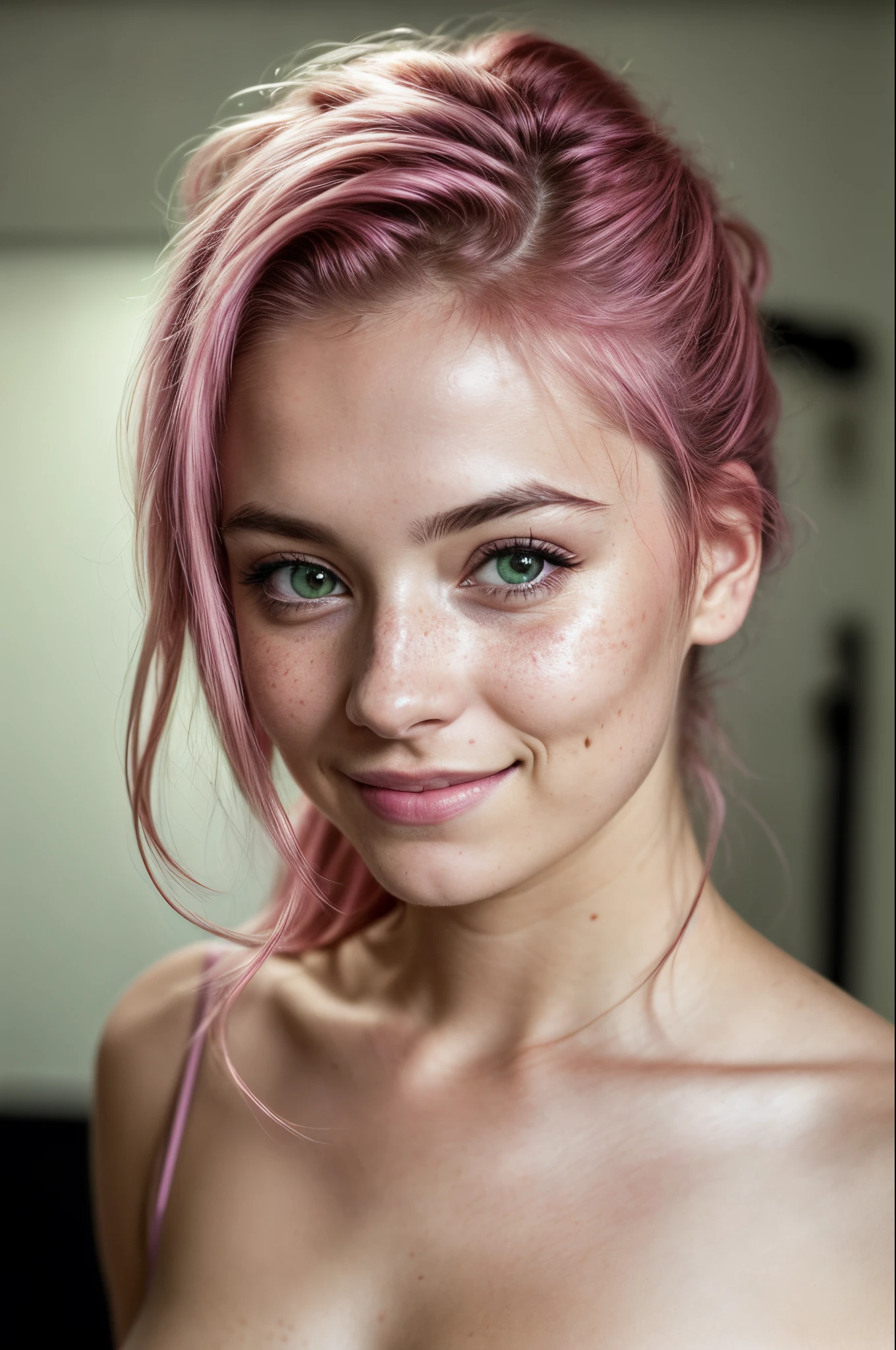 (RAW photo) night scene, close up photo of a sexy girl, posing, looking at viewer, smiling, pink hair in a ponytail, (green eyes:0.8), cute young face, 18 yo, soft volumetric lights, soft key and fill lighting, (backlit:1.3), (cinematic:1.3), intricate details, (ArtStation:1.2), skin blemishes, (freckles:0.9), detailed eyes, micro details, FUJI XT3, photorealistic, photorealism