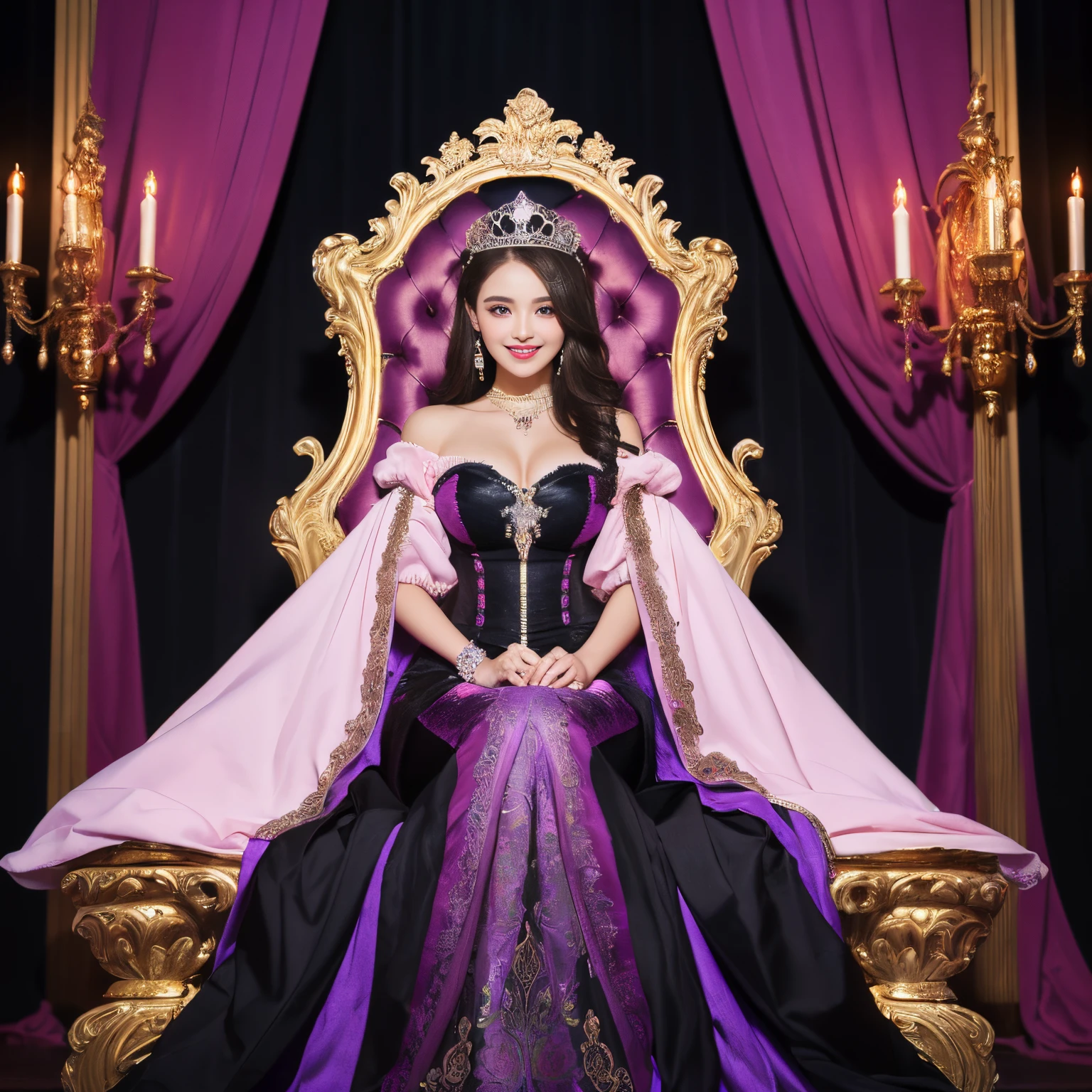 (top-quality、masutepiece、8K、Top image quality、Highly complex and detailed depictions)、one prostitute goddess、The best luxury where everything is unimaginable、most gorgeous goddess costume、(Surrounded by pink and purple curtains:1.3)、Sit on a super-huge throne、(The background is the most luxurious and intricate pink and purple princess brothel:1.1)、Everything in the background is gorgeous in pink and purple、Shine intricately、The biggest smile staring at the camera、Upper body photo、The most gorgeous thrones、tons of pink and purple decorations、artistic décor、(large amount of pink rose decoration:1.2)、(romantic orange pink lighting:1.3)、Large amount of jewelry decoration、The most luxurious and huge tiara、detailed ornament、giant pink and purple costume、huge pink and purple sleeves、Very fine decoration、Very complex decoration、royal、Frontal close-up、a throne、Front composition、(accurate anatomy:1.2)、(Sit facing the front:1.1)、symmetrical composition、huge and magnificent throne、(romantic and very dark midnight:1.4)、