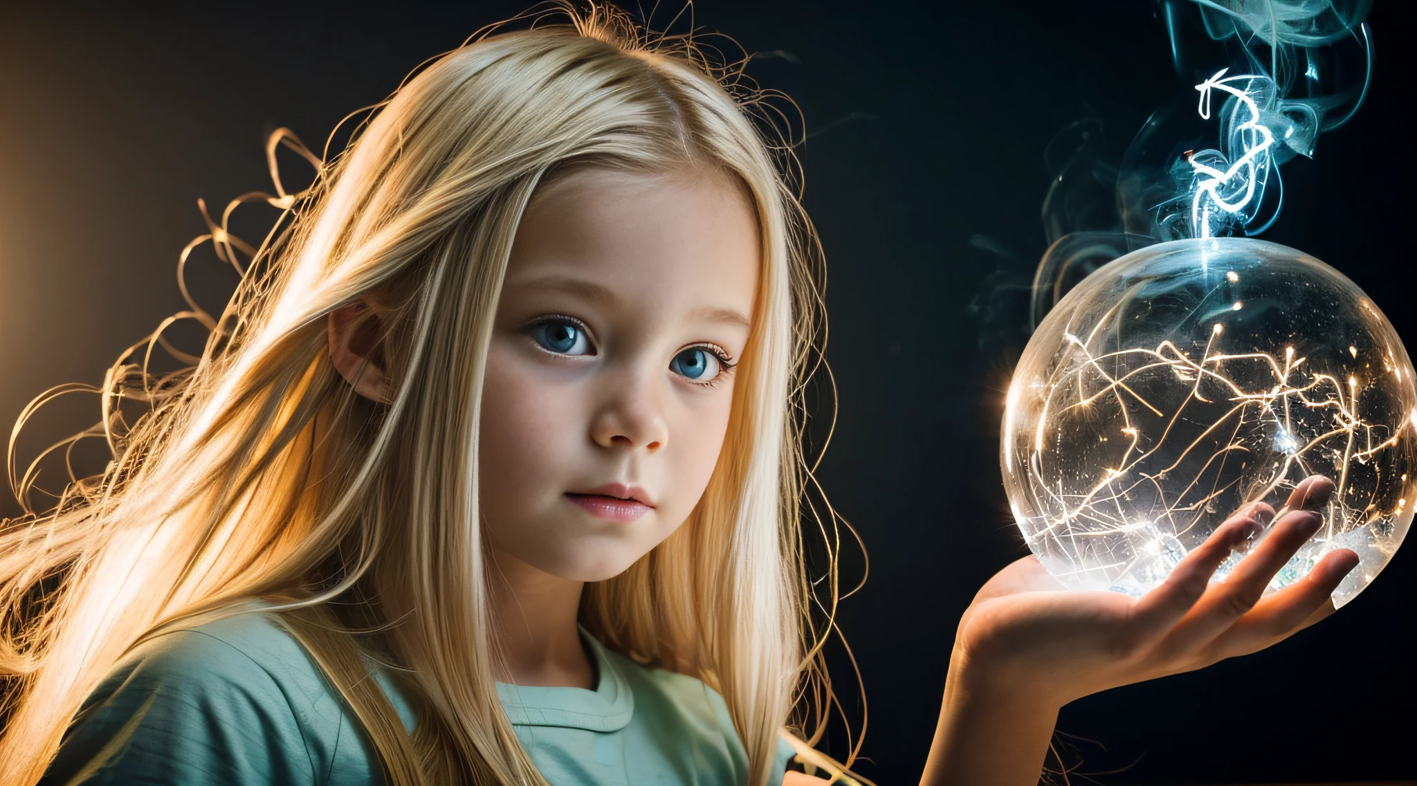 a close-up of a blonde with long hair, BIG BALL OF electrified ICE IN HANDS. Smoke green.
