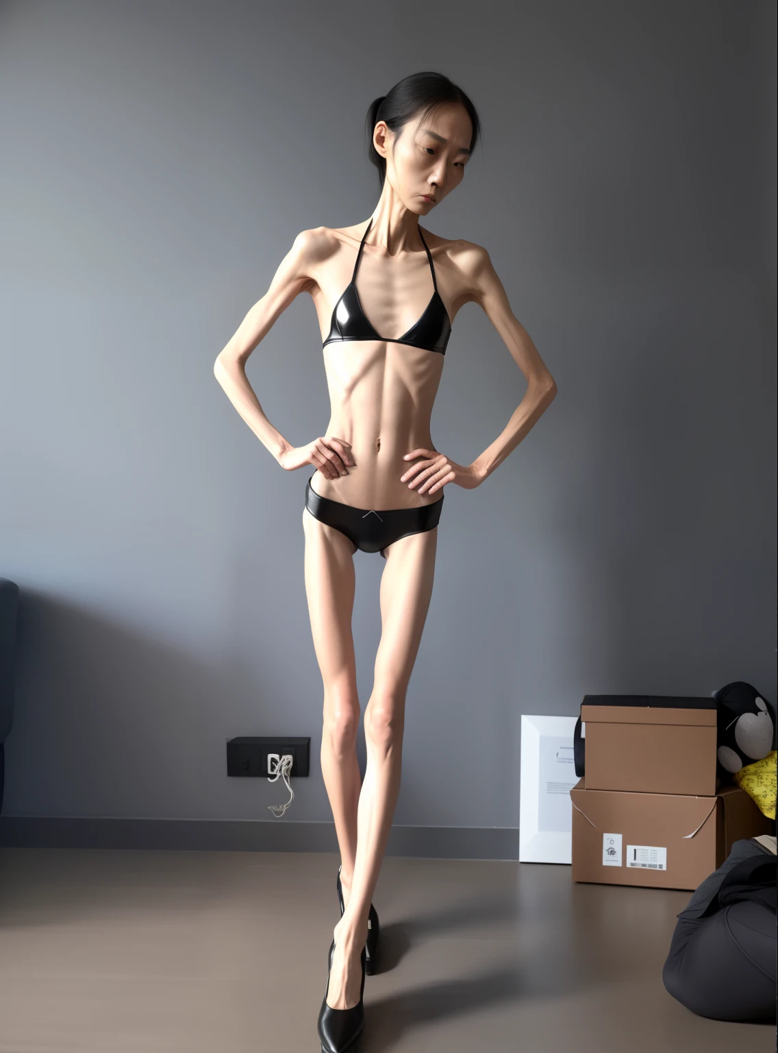 very thin middle aged woman，The body is very thin，Protruding sternum，chest atrophy，The waist is very thin，The ribs are noticeable，Protruding ribs，The pelvic protrusion is very obvious，Clear outline of pelvis，thin shoulde，The waist is very thin，Sunken abdomen，Abdominal muscle atrophy，Delicate arms，arm muscle atrophy，Slender thighs，Knees are obviously protruding，Ankle bulges，The ankle bones are obvious，The leg bones are obvious，leg muscle atrophy，anorexia，Asia face，Wear a tight leather jacket，Wear tight leather pants，Wear high-heeled leather shoes，wear in stockings，Muscle atrophy throughout the body，Sad and tearful expression，Excessive weight loss，The face is sunken and thin，Severe malnutrition，Body as thin as a skeleton