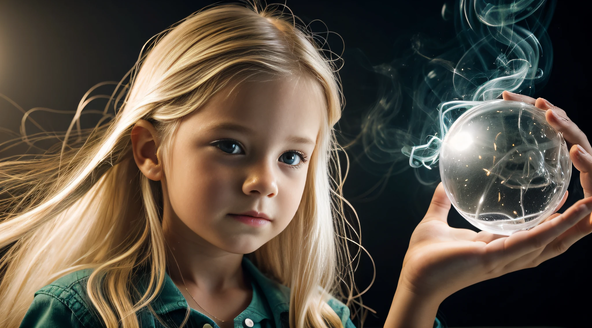 a close-up of a blonde with long hair, BIG BALL OF electrified ICE IN HANDS. Smoke green.