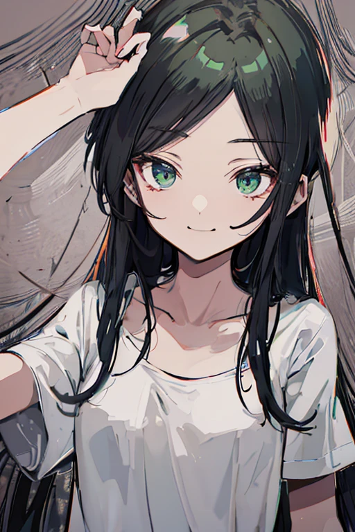 one girl,best quality,ultra-detailed,
Long black hair,
deep green-eyed girl anime,
wearing an archaic smile,
tranquil expression, Seems timid,flat anime-style shading, vector-shaded anime, cute natural anime face, subtle anime style, cute anime face, her wearing white Tshirt,bust up,