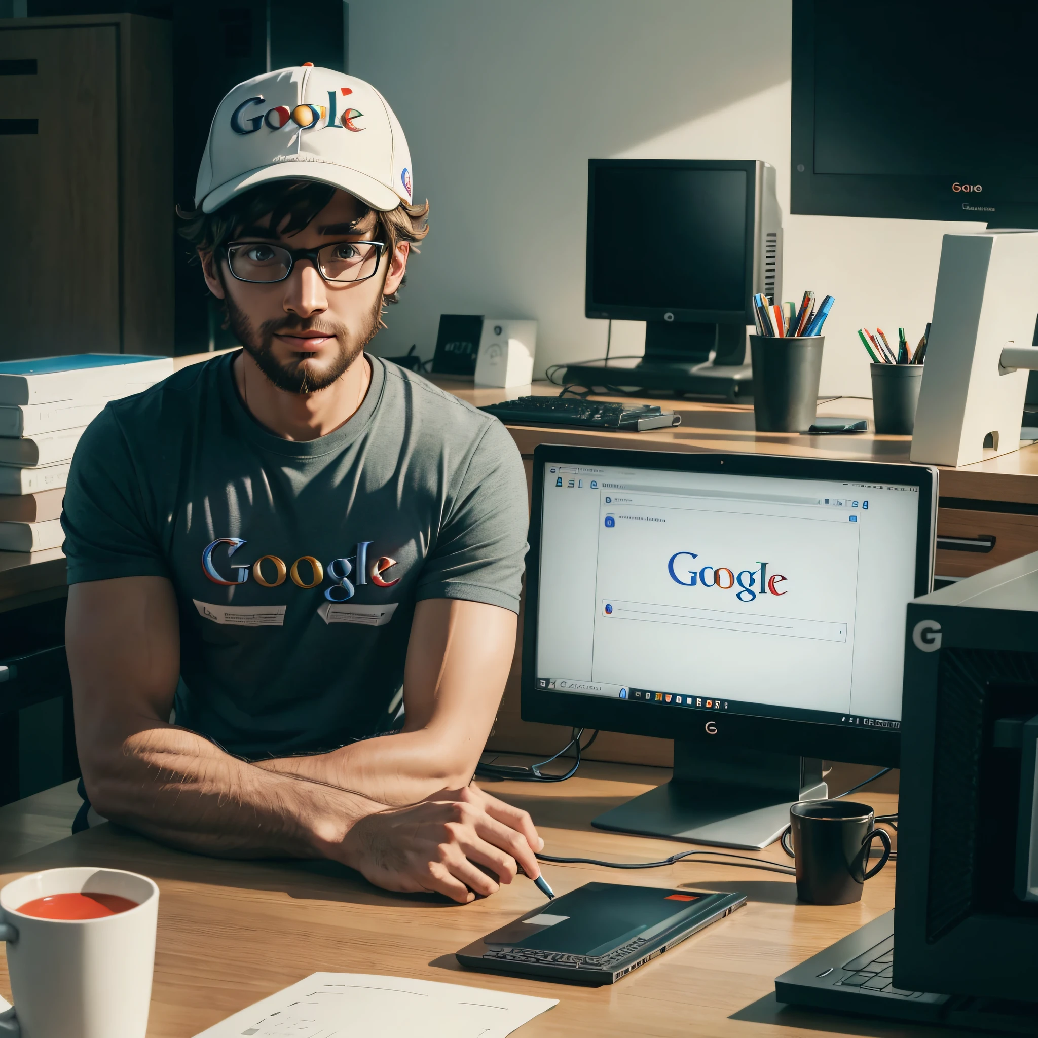 An anthropomorphic Google tag manager sitting in front of a computer. He is wearing a shirt with Google written on it and behind him a medium-sized board with 10K written on it.