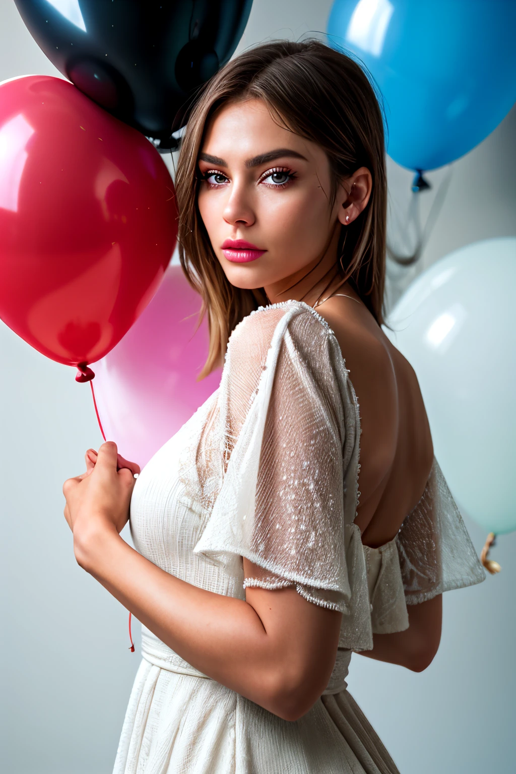 hyper realistic close-up photography of professional woman fashion model wearing puff, elegant dress, 8k, photo realism. *Very big colorful balloons everywhere, *plain background. stoic cinematic 4k epic detailed 4k epic detailed photograph shot on kodak detailed bokeh, different model positions