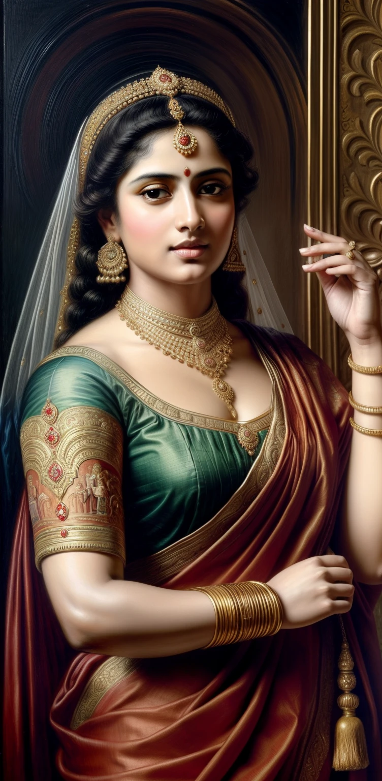Beautiful Indian Woman, wearing saree, sari Beauty, gorgeous, Apsara, Maharani, royal queen woman, nymph from Hindu Mythology, Urvashi, matchless beauty, Highly detailed, Oil Painting by Peter Paul Rubens inspired by Raja Ravi Varma, Matchless beauty, captivating, gorgeous, heavenly beauty, celestial beauty, by Peter Paul Rubens, 1893, realistic, hyper realistic, micro details, incredible artwork, insane details, ultra High resolution, 8k, 32k, acrylic on canvas, intricate, flawless, detailed, detailed face, detailed eyes, masterpiece, by Peter Paul Rubens, by Caravaggio, by William Adolphe bouguereau, perfect face, perfect body, beautiful art, realism, baroque, renaissance Art, highly textured, beautiful and detailed eyes, uhd, best quality,