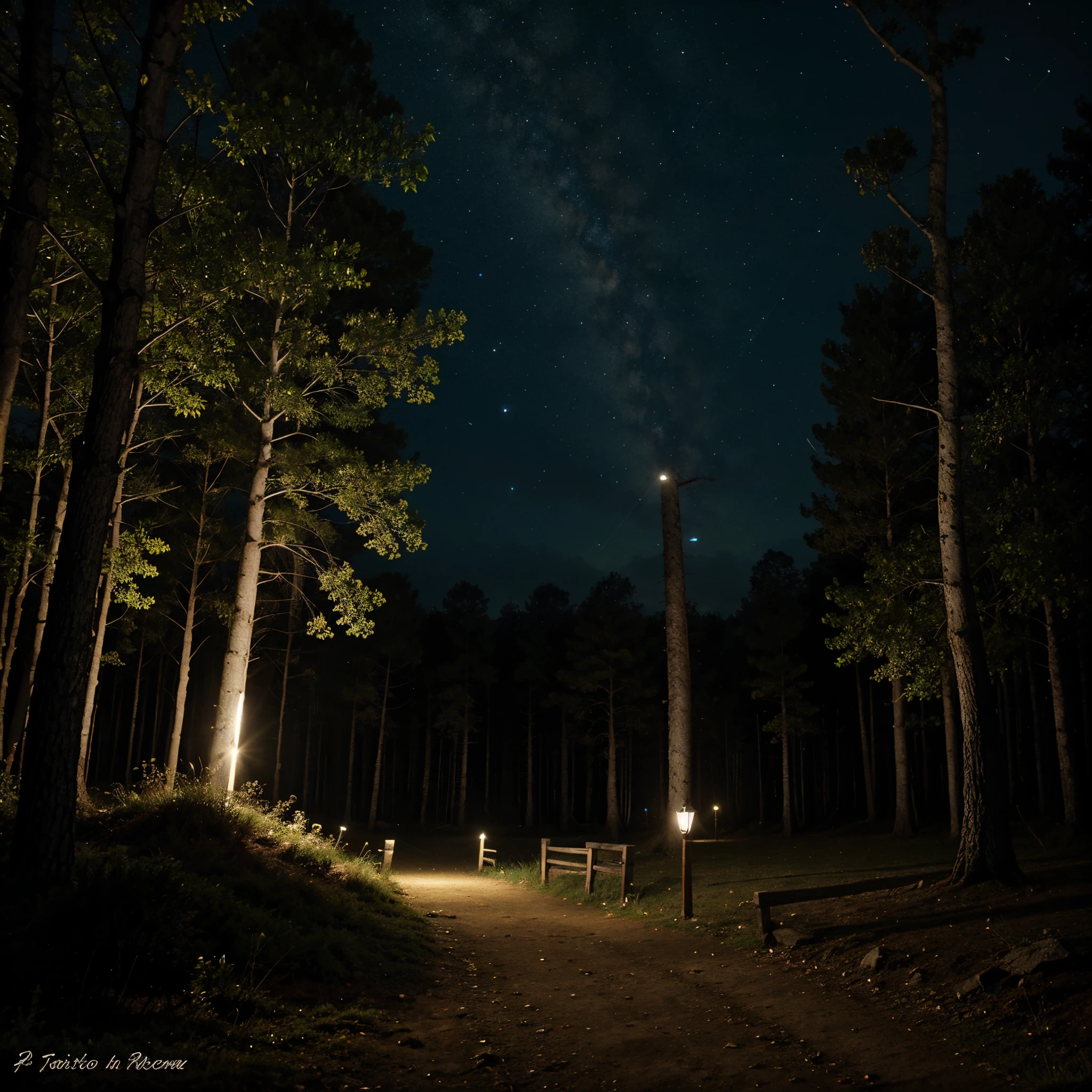 Un farol en el bosque de noche