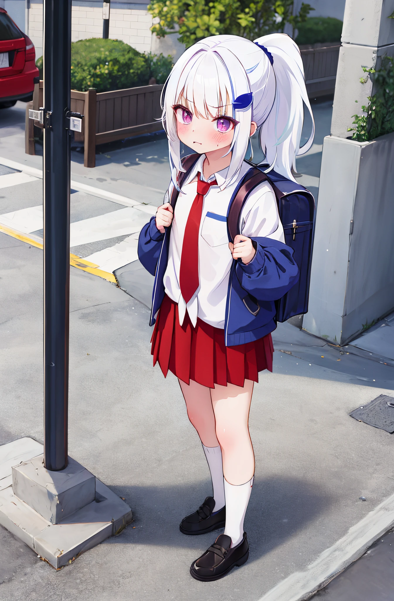 One girl with ponytail hair, white hair, blue inner hair, looking at viewer, purple eyes, outdoor, little angry, embarrassed, blushing, standing, white shirt, red necktie, red skirt, backpack, sidewalk, hair ornament