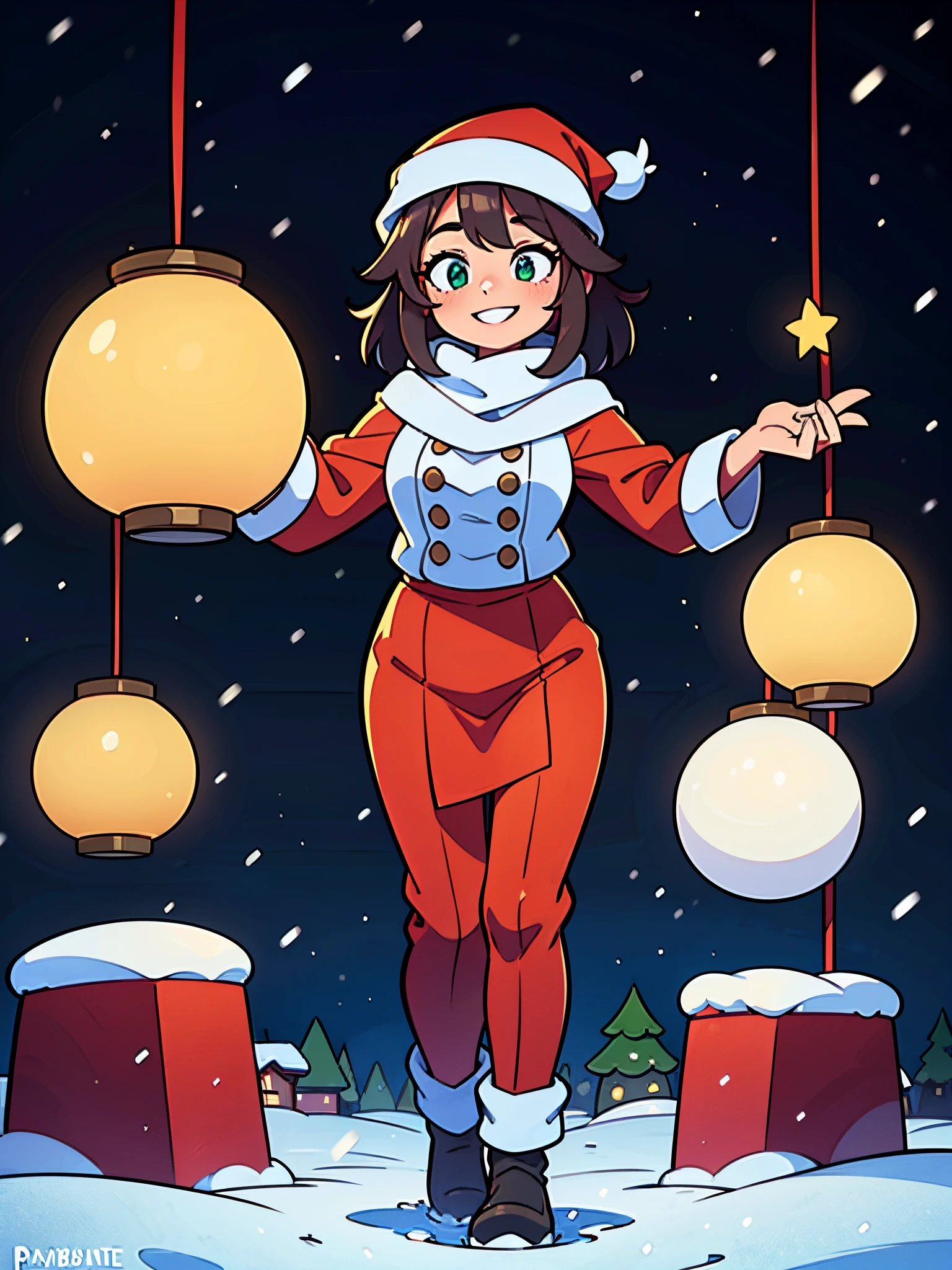 young girl souriante habillée pour noël en winter, decoration of Noël, (Best quality,4K,8k,high resolucion,Masterpiece:1.2), Detailed, Snowy landscape, architecture traditionnelle chinoise, lanternes vertes, flocons de neige d&#39;hiver, Lumières dorées and hot, Ambiance cosy, decorative ornaments, Environnement paisible, ambiance festive, couleur rouge et vert vif, Charme nostalgique, vacances, cour sereine, flocons de neige delicats, Paysage tranquille.
