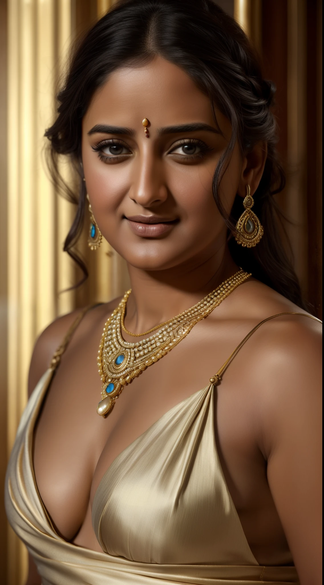 Looks like Anushka Shetty, (piece of master), (best quality), cinemactic, photorealism, rendered, Realistic, ultra detailed, perfect face, portrait frame, chest up, Greek princess, 30 year old woman, ancient princess, brown eyes, detailed dress, necklaces , accessories, earrings, a beautiful ancient princess, dark hair, front, beautiful
