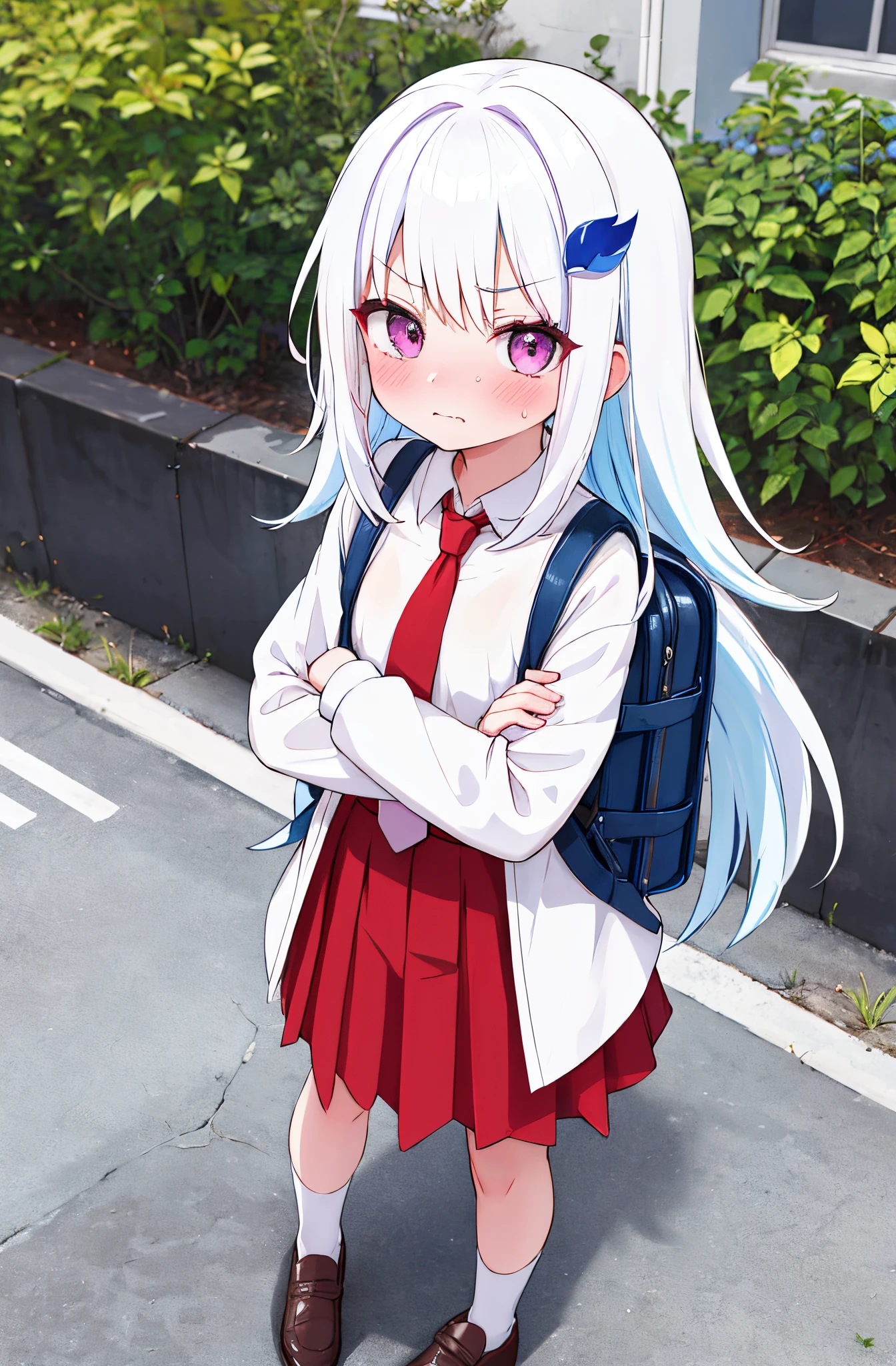 One girl with long hair, white hair, blue inner hair, looking at viewer, purple eyes, outdoor, little angry, embarrassed, blushing, standing, white shirt, red necktie, red skirt, backpack, sidewalk, hair ornament, crossed arms