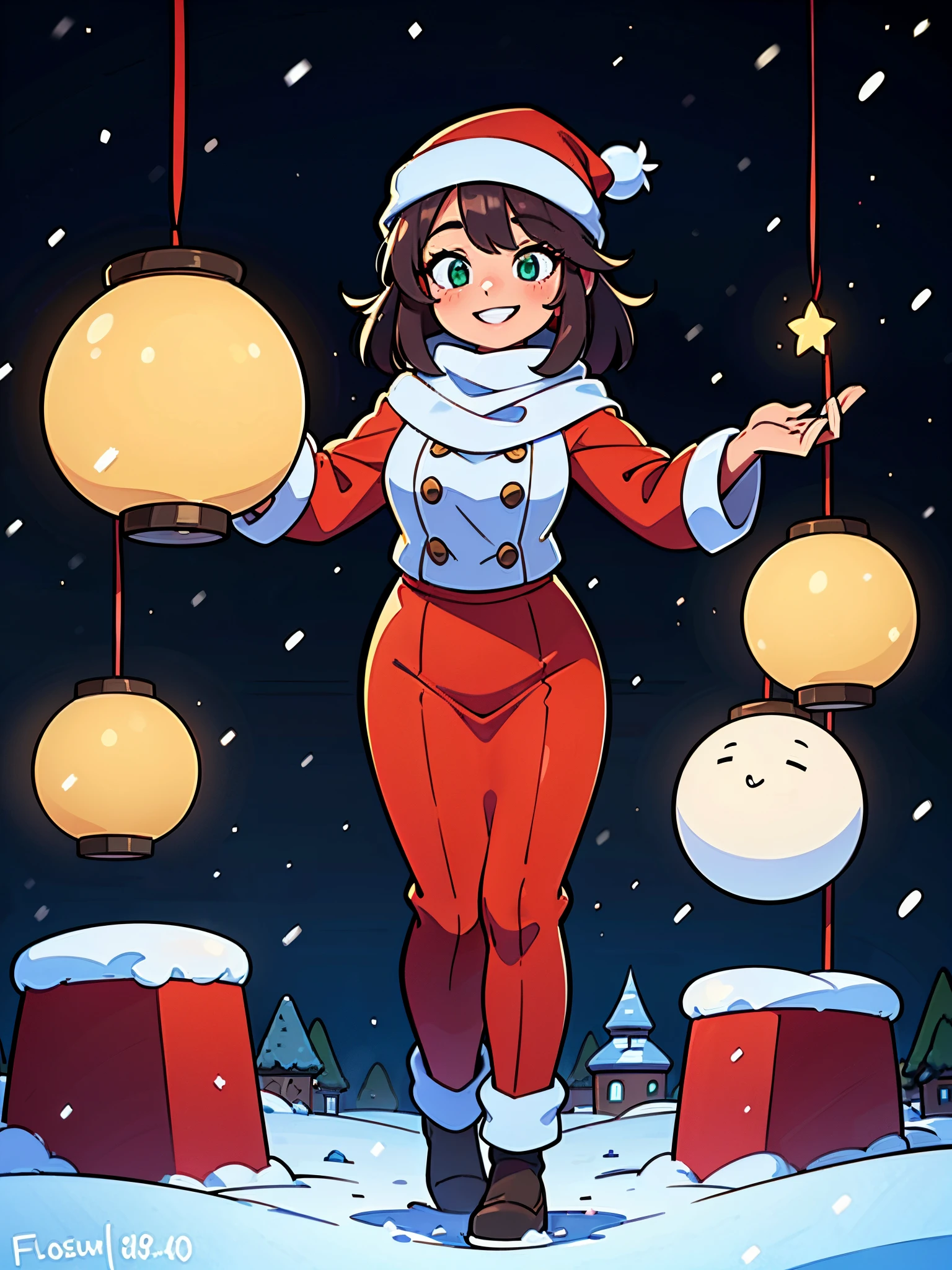young girl souriante habillée pour noël en winter, decoration of Noël, (Best quality,4K,8k,high resolucion,Masterpiece:1.2), Detailed, Snowy landscape, architecture traditionnelle chinoise, lanternes vertes, flocons de neige d&#39;hiver, Lumières dorées and hot, Ambiance cosy, decorative ornaments, Environnement paisible, ambiance festive, couleur rouge et vert vif, Charme nostalgique, vacances, cour sereine, flocons de neige delicats, Paysage tranquille.