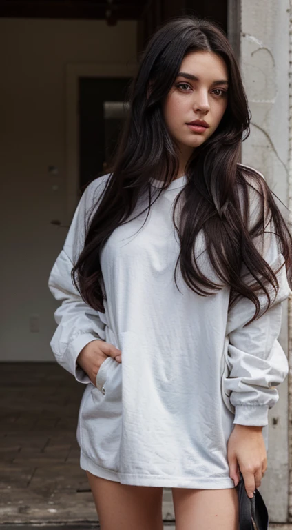 Give me a girl Who has oversize clothes and dark hair and dark eyes under the color of her hair
