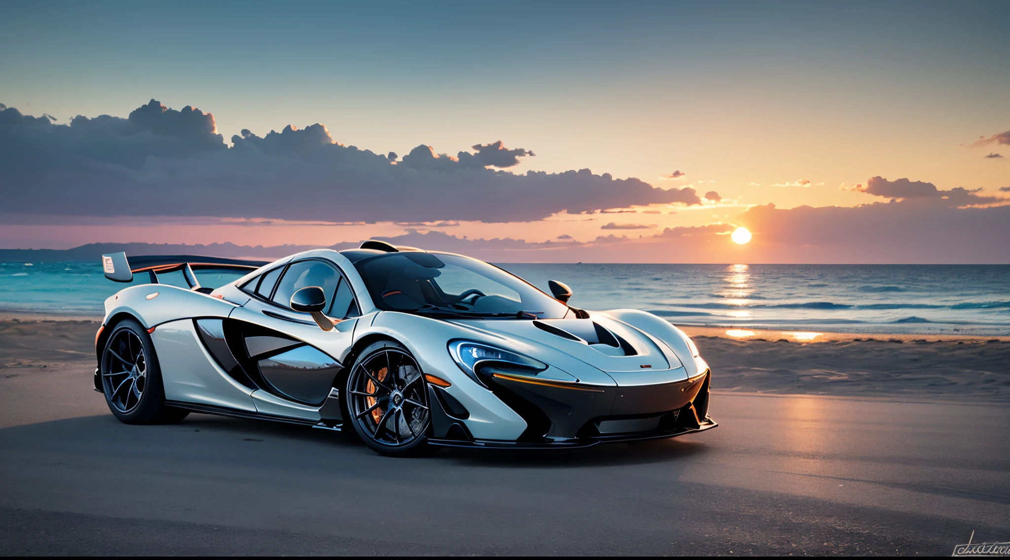 a McLaren P1 with doors open standing at a white sandy beach, sunset, phtotorealistic, extremely detailed, colorful, wide angle shot