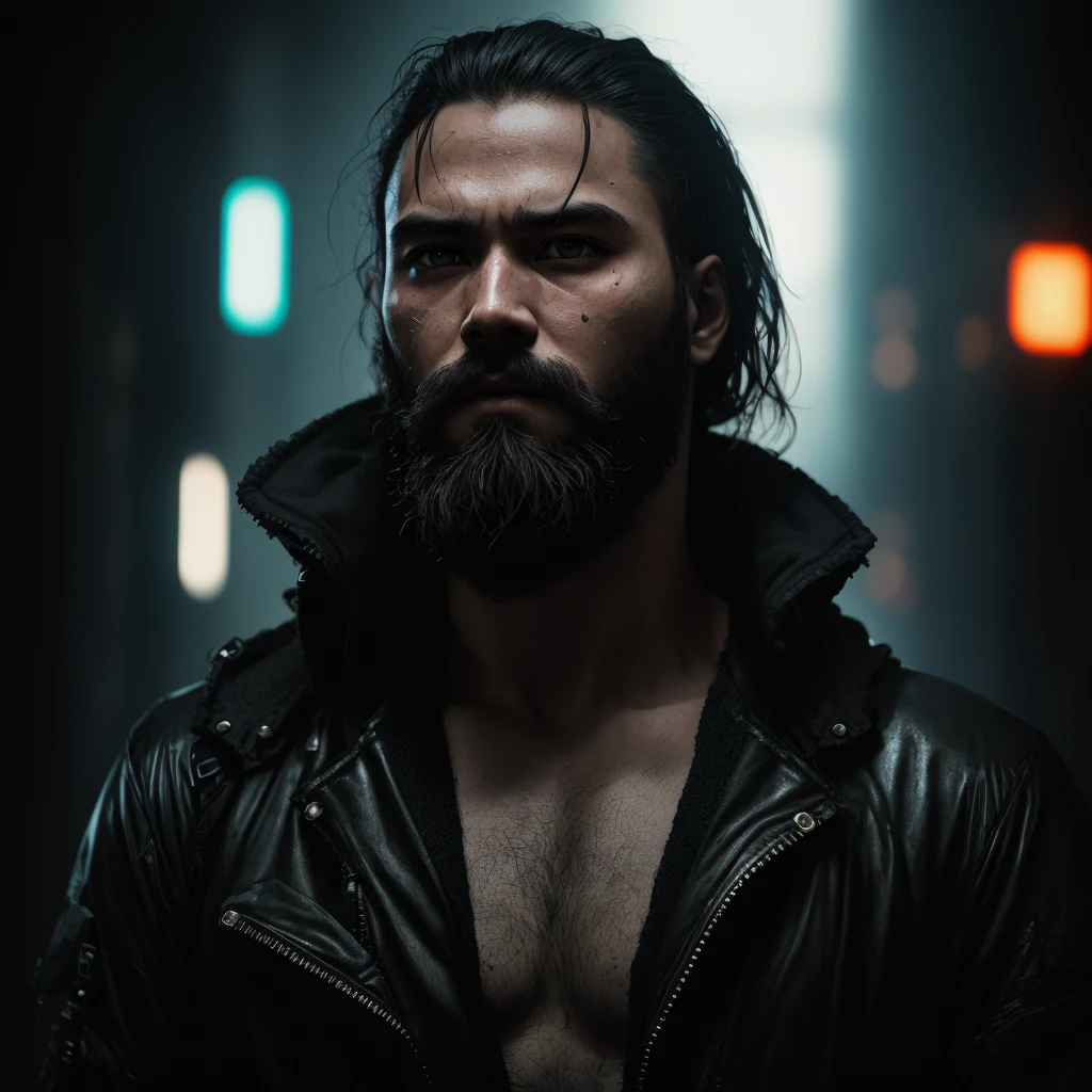 Cyberpunk movies, Original photo of bearded man, 3/4, binh, armour, closeup cleavage, Half a face, deep in the night, dark chamber, high high quality, Delicate skin, Clear face, detailed hair, Cinema lenses, HighDynamicRange, Focus sharp,