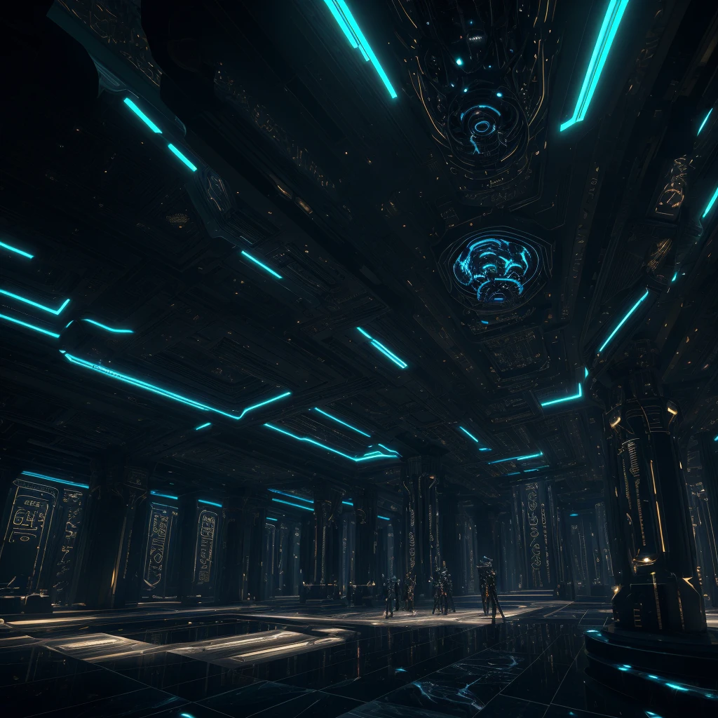 incredible luxurious black futuristic interior in Ancient Egyptian cyberpunk style, with lotus flowers, palm trees, hieroglyphics, gardens, flowers, rocky walls, sand, marble, precious minerals, metals, gemstones, crystals, clouds and water, crocodiles, ultra luxury, black marble, cinematic, epic, – with beautiful lights, Unreal Engine, HQ, 16k