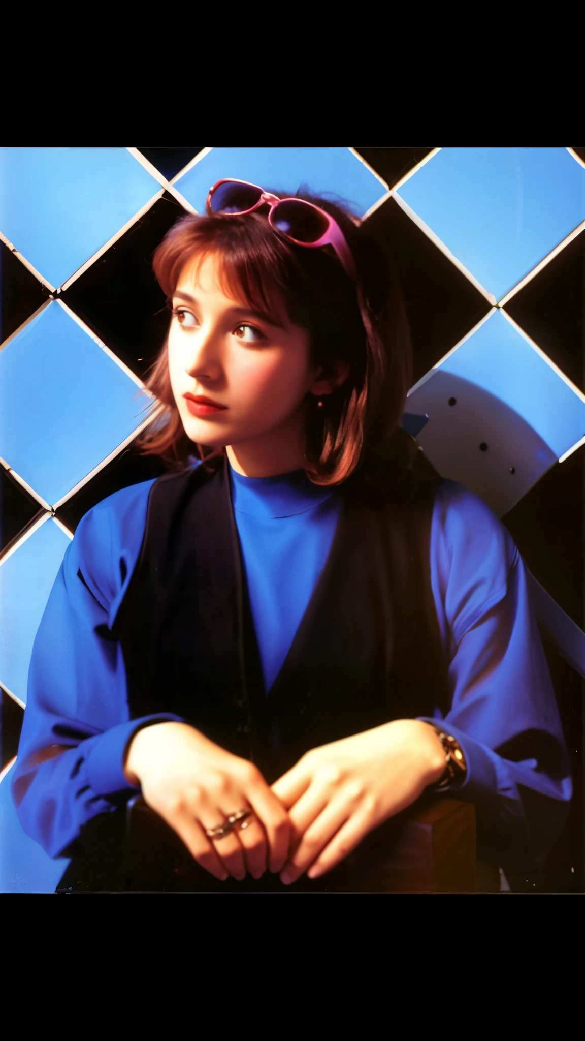 Imagen arafed de una mujer con gafas sentada en un suelo de baldosas., inspired by Zoë Mozert, por Cindy Sherman, alternate album cover, Linus Sebastian, Foto 1998, 1 9 8 0 s Mujer, Foto promocional, taken in the late 1980s, La joven Carrie Fisher, Van Allsburg