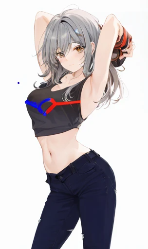 anime girl, black sports bra with a red and blue symbol, black jeans, grey hair, hands behind head