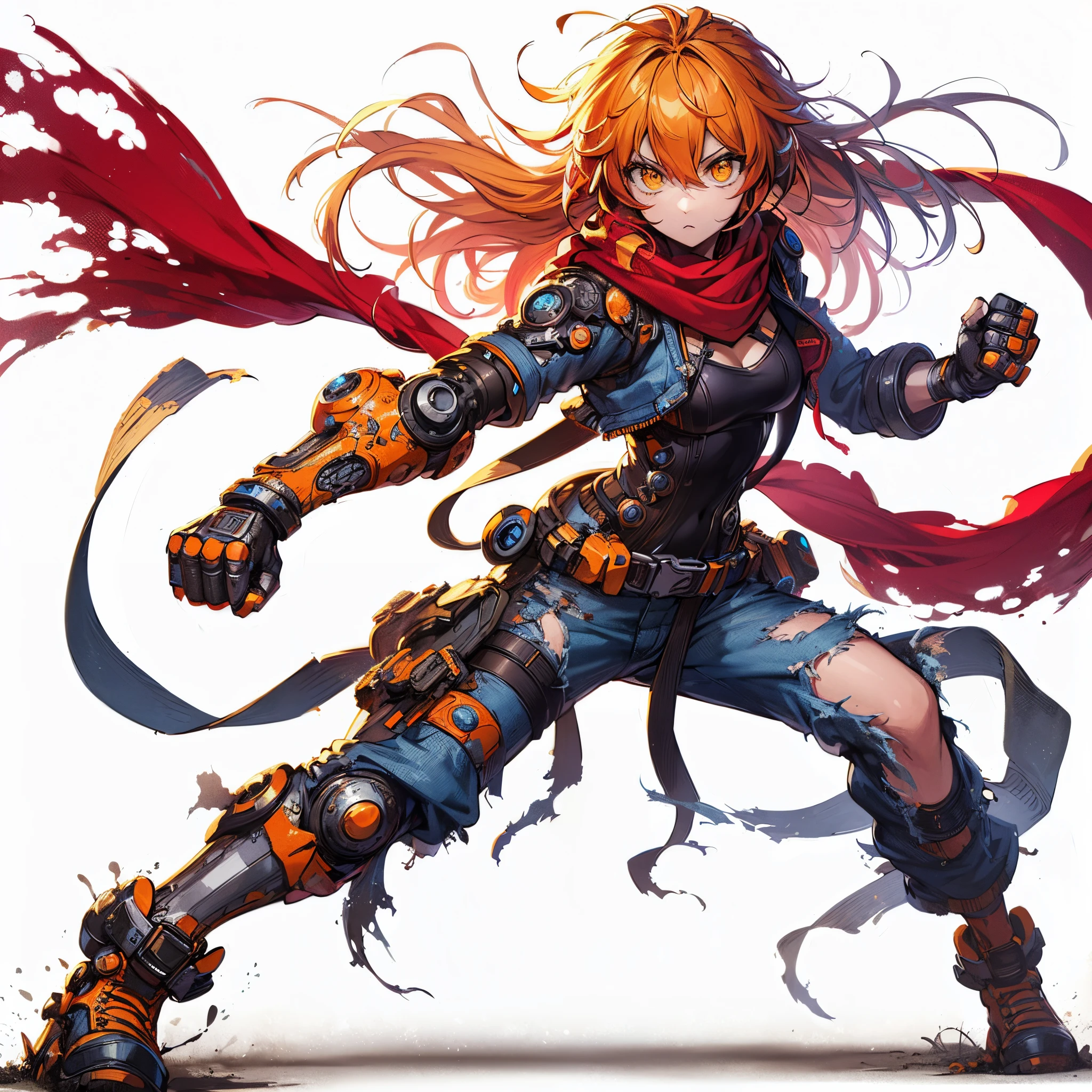 (masterpiece, best quality), ultra detailed, anime style, full body, solo, cyberpunk KARATE girl, hero costume and torn red scarf, orange hair and yellow eye, fighting pose, high-tech gauntlet and boots, standing in wasteland, digital painting, 8K high resolution, art station trend, white background, whole body,