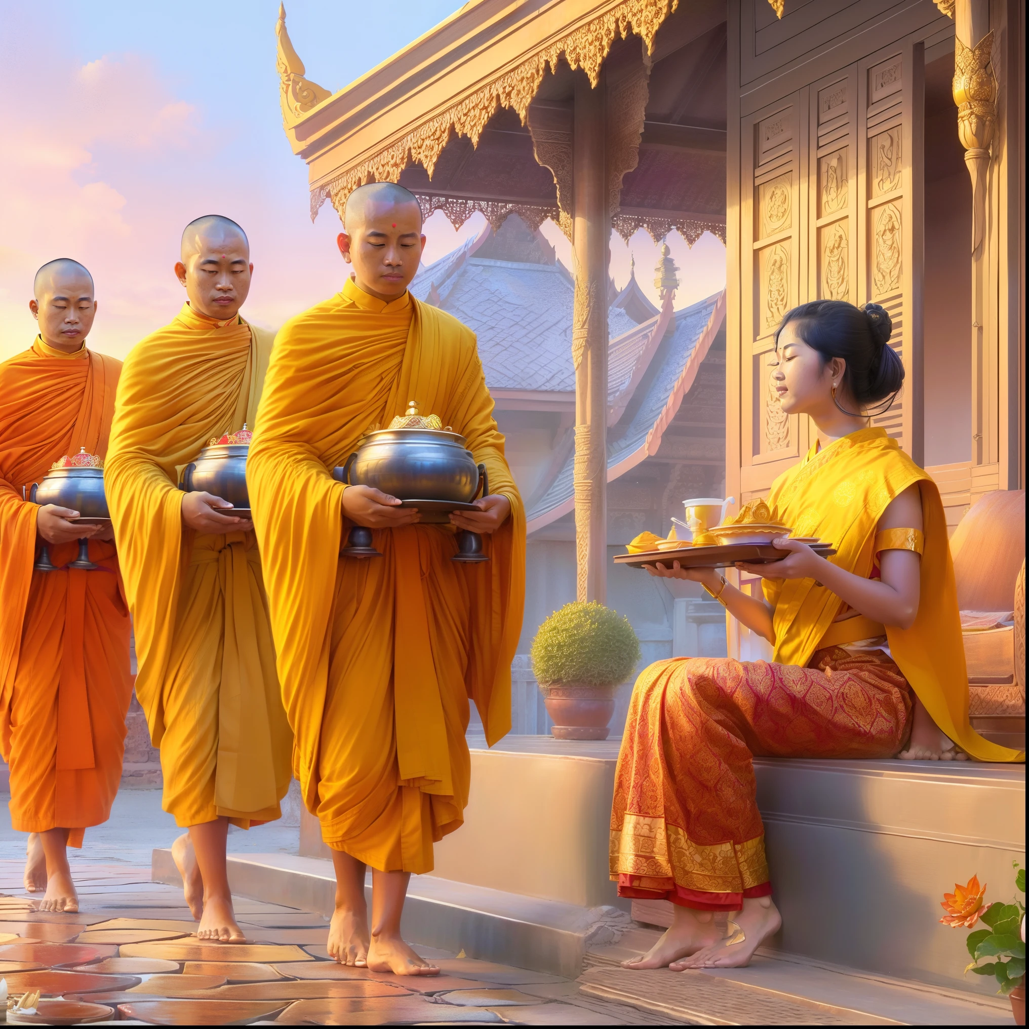 three monks are holding trays of food and a woman is sitting on a step, tithi luadthong, yellow robes, monk clothes, thailand art, buddhism, by John La Gatta, buddhist, monks, beautiful depiction, with yellow cloths, wearing flowing robes, buddhist monk, by Alexander Kucharsky, eastern art style, concept art of a monk