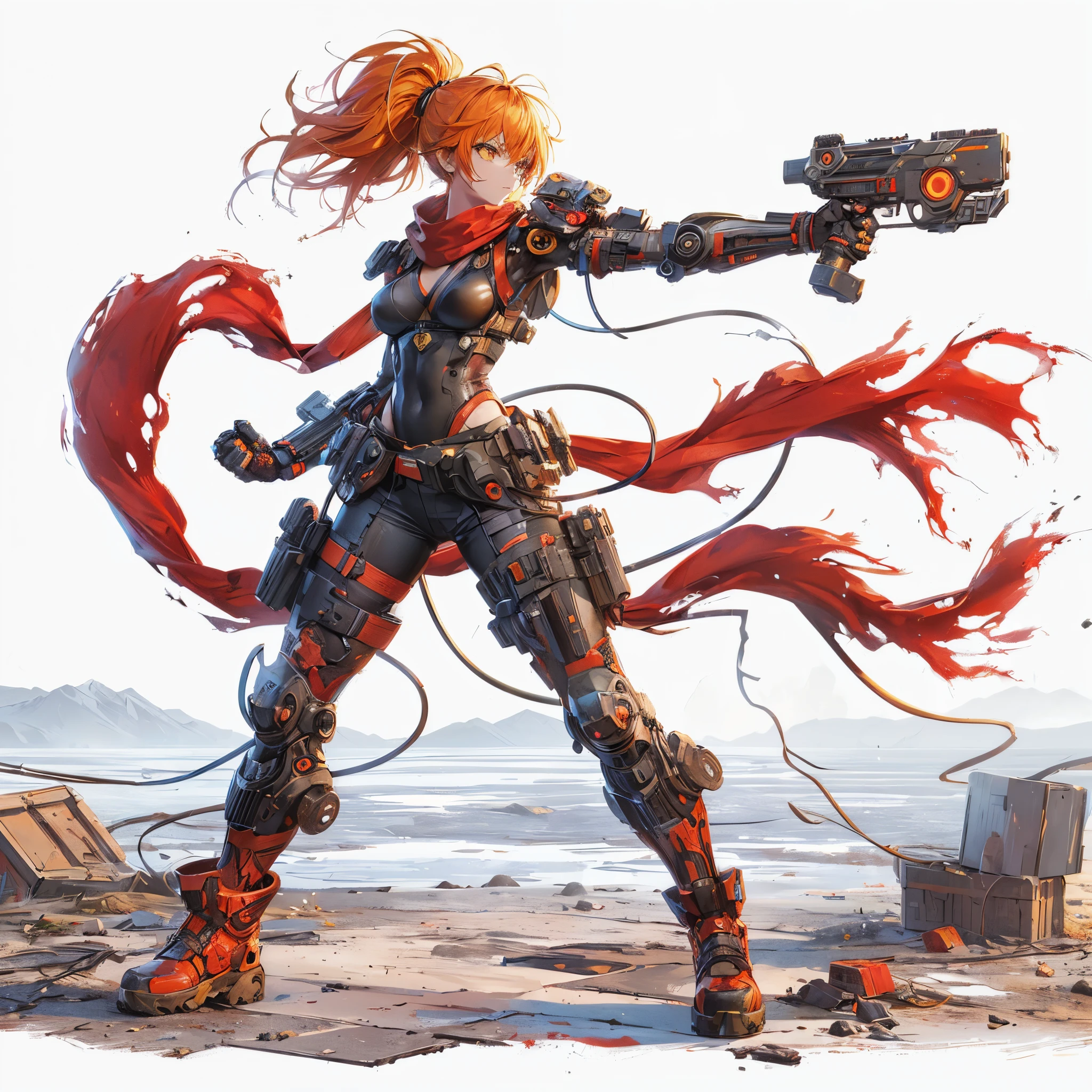 (masutepiece, Best Quality), ultra-detailliert, Anime style, Full body, Solo, Cyberpunk Karate Girl, Sci-fi costume and torn red scarf, orange hair and yellow eyes, Fighting Pose, high-tech gauntlets and boots, Standing in the wasteland, Digital Painting, 8K High Resolution, Art Station Trend, White background, Whole body,