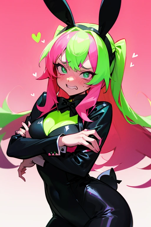 anime vtuber girl, (wearing black playboy bunny suit with neon green highlights), long pink hair with red tips, (neon green hearts in eyes), vampire teeth, (shy, and embarrassed face)