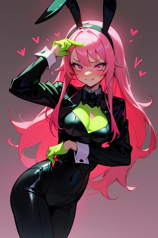 anime vtuber girl, (wearing black playboy bunny suit with neon green highlights), long pink hair with red tips, (neon green hearts in eyes), vampire teeth, (shy, and embarrassed face)