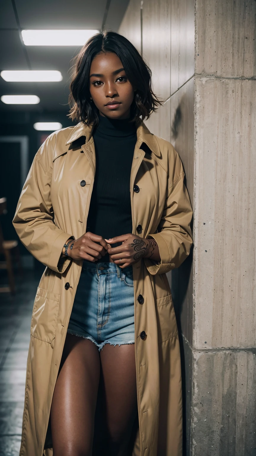 40 years old, gorgeous cute Brazilian girl, smirk, freckles, (dark skin:1.6), blond woman in a trench coat leaning against a wall, loose coat collar sailor uniform, trench coat with many pockets, trench coat, light brown coat, light brown trenchcoat, short coat, on the tennis coat, she is wearing a wet coat, trenchcoat, brown jacket, long coat, ulzzang, roots and hay coat, medium, ((very short hair)), famous beautiful model, good young girl, (masterpiece:1.0),(best_quality:1.0), ultra high res,4K,ultra-detailed, photography, 8K, HDR, highres, absurdres:1.2, Kodak portra 400, blurry background, bokeh, lens flare, (vibrant_color:1.2),professional photograph, (the_tattoo:1.4), (beautiful_face:1.5),(narrow_waist).