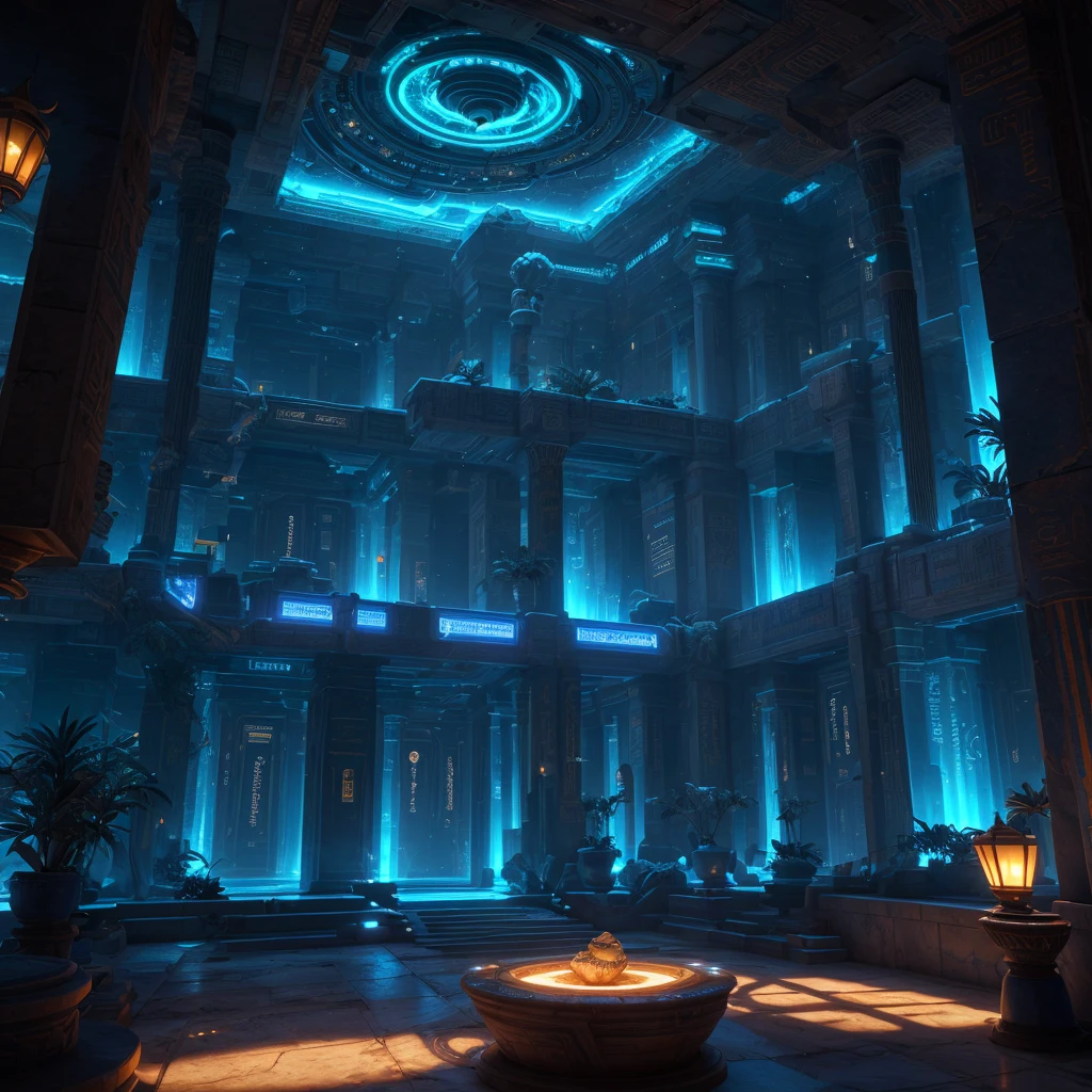 Incredible luxury blue futuristic interior in ancient Egypt cyberpunk style，There are lotuses、palmeiras、hyeroglyphics、trpical garden、fresh flowers、Rock walls、sand、marbled、minerais preciosos、metals、Pedras preciosas、crystal、clouds and water、alligators、Ultra Luxo、marbled、cinematic ligh、epic、– Have beautiful lights、unreal-engine、hqr、16k