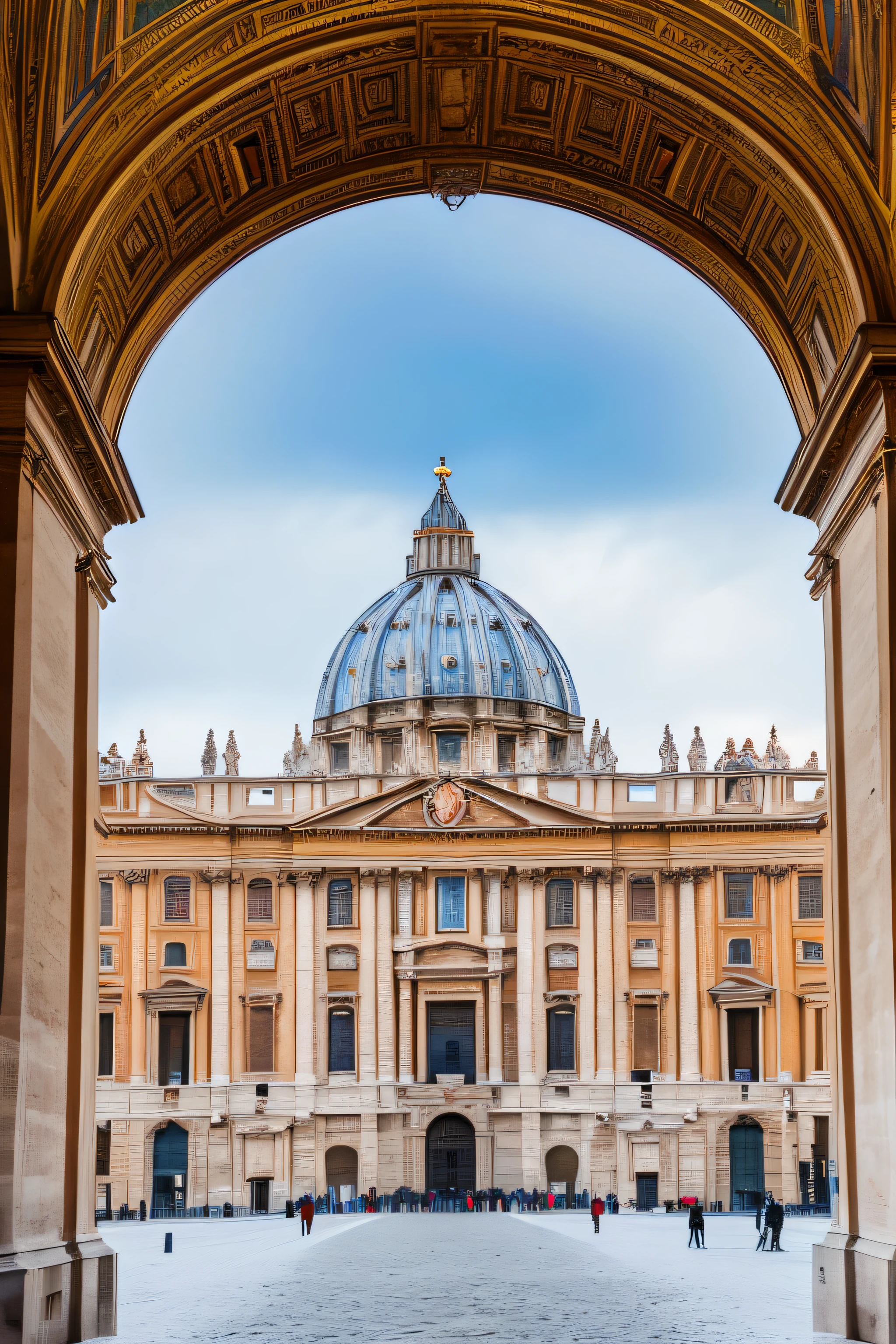 arafed view of a Vatican main square with a church in the background, secrets inside the vatican, the secrets inside the vatican, vatican, the vatican, style blend of the vatican, vatican in background, shutterstock, rome, all roads lead to rome, rome backdrop, eternal city, inspired by Cagnaccio di San Pietro, roma, italian renaissance architecture, best quality image, best shoot, beautiful Vatican, winter weather, Vatican during the Winter, 8k