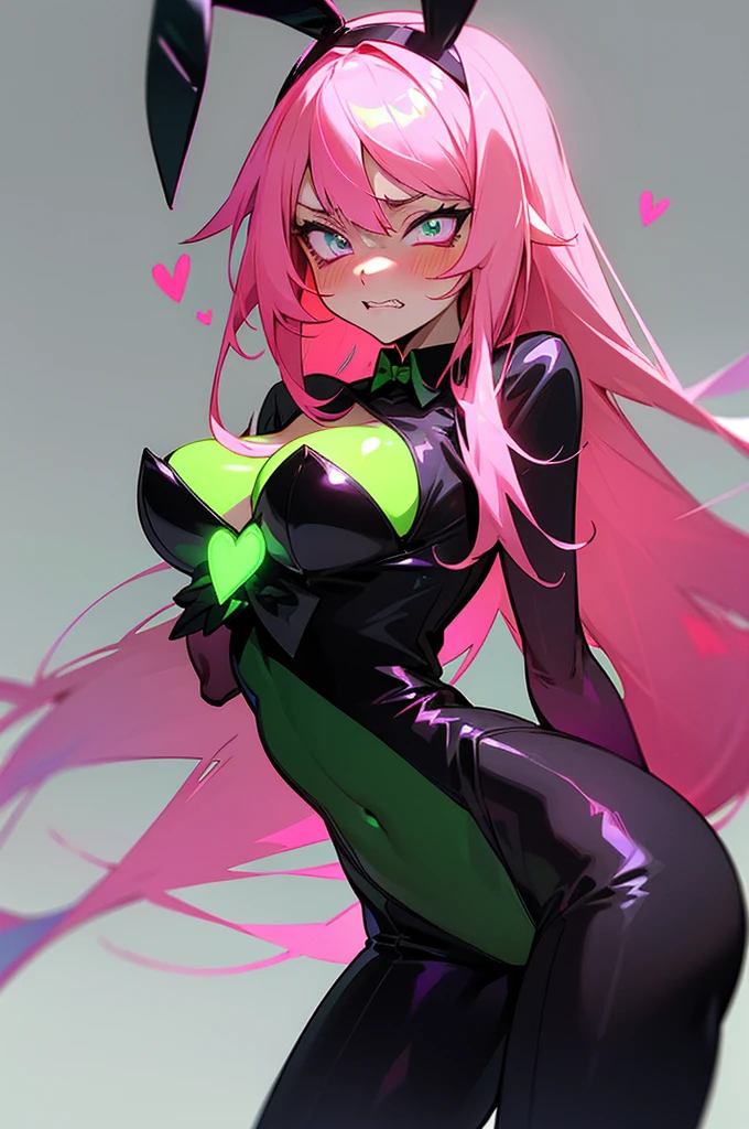 anime vtuber girl, (wearing black playboy bunny suit with neon green highlights), long pink hair with red tips, (neon green hearts in eyes), vampire teeth, (shy, and embarrassed face)