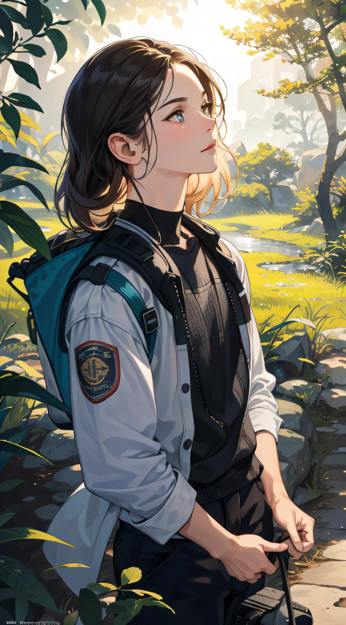 (absurdres, highres, ultra detailed), (1girl:1.4, cowboy shot), BREAK hyperrealism, photorealistic detail, incredible accuracy, lifelike textures, masterful technique, jaw-dropping precision, artistic dedication BREAK merged visuals, evocative storytelling, dreamlike atmosphere, creative blending, thought-provoking composition BREAK , hiking, camping, cycling, nature walks, outdoor exploration, physical challenges, connecting with nature
