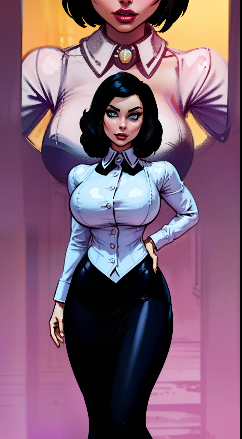 ((Elizabeth)), full body pose, dynamic image, perfect anatomy, perfect composition, detailed face, Bioshock infinite, Female in middle of image, reference sheet, concept character, character design, sketch,doodletits,, sexy lips, (gigantic breasts:1.1), skindentation, breasts, official illustration, illustration, detailed face, beautiful intricate eyes, curvy milf, 1:2), closeup, titsnipples, hourglass waist, slendered ans, wide hips,