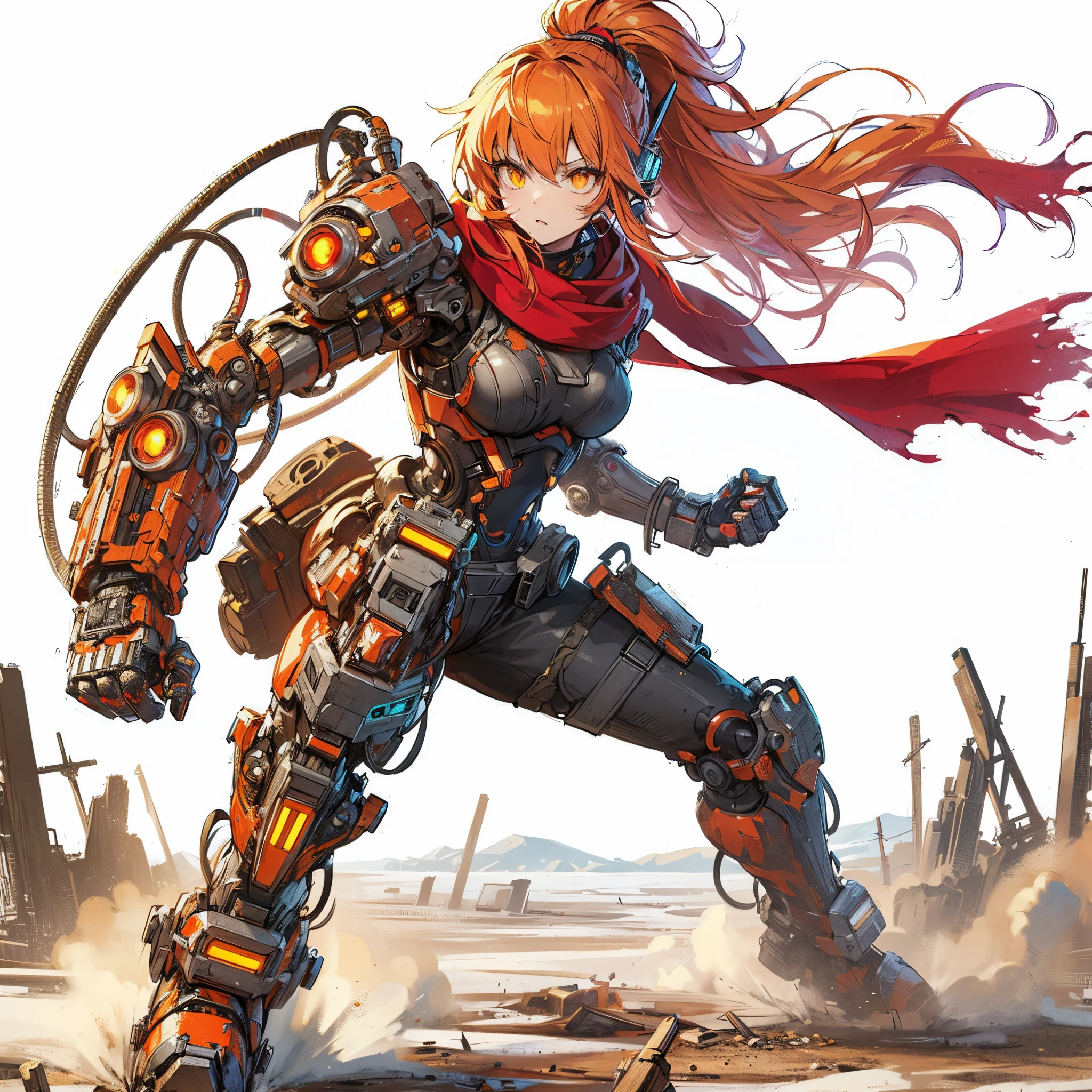 (masterpiece, best quality), ultra detailed, anime style, full body, solo, cyberpunk action girl, power armor and red scarf, orange hair and yellow eye, fighting pose, high-tech gauntlet and boots, standing in wasteland, digital painting, 8K high resolution, art station trend, white background, whole body,