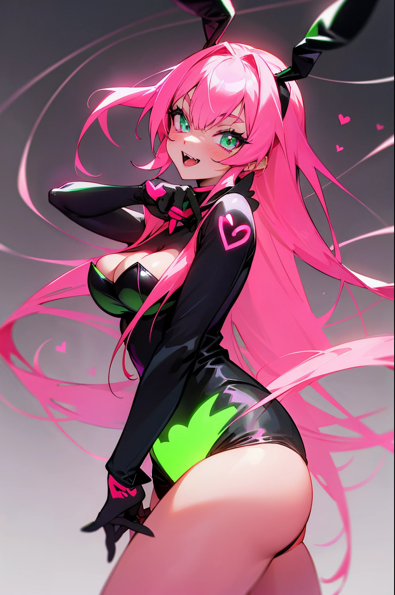 anime vtuber girl, (wearing black playboy bunny suit with neon green highlights), long pink hair with red tips, (neon green hearts in eyes), vampire teeth