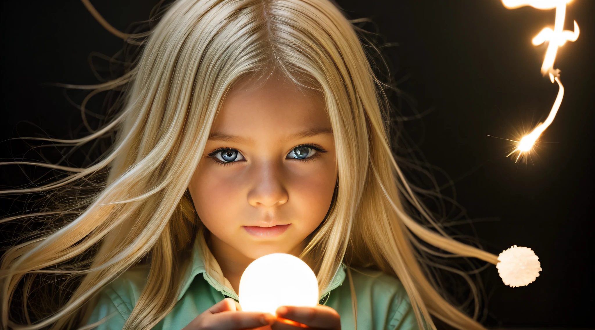 a close-up of a blonde  with long hair, BIG BALL OF electrified ICE IN HANDS. Smoke green.