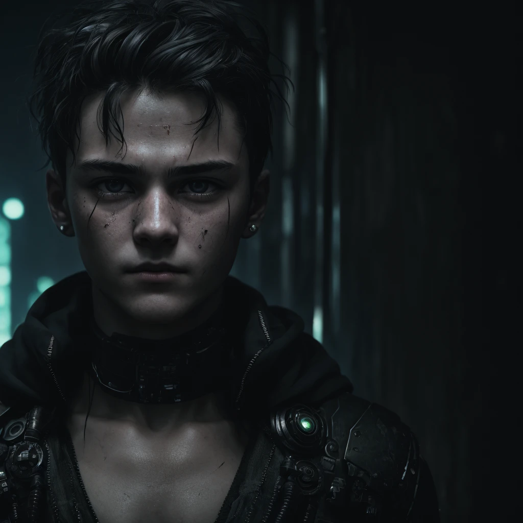 Cyberpunk movies, original photo of boy, 3/4, plat, armour, Close-up cleavage, Half a face, Late at night, dark chamber, high high quality, delicate skin, Clear face, detailed hair, Cinema lenses, HighDynamicRange, Focus sharp,